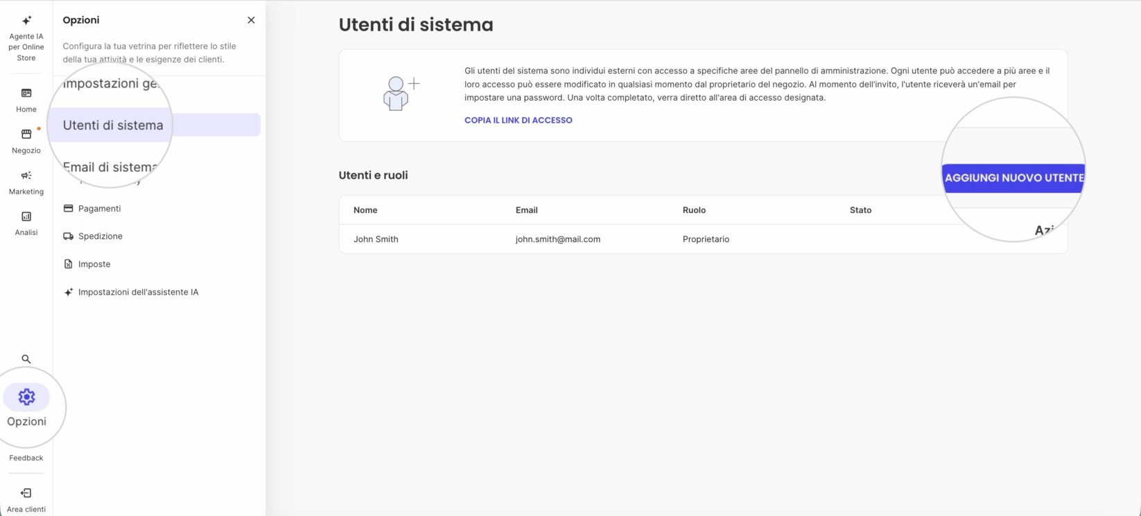 Site Admin di un negozio Ecommerce che mostra la sezione Utenti di Sistema