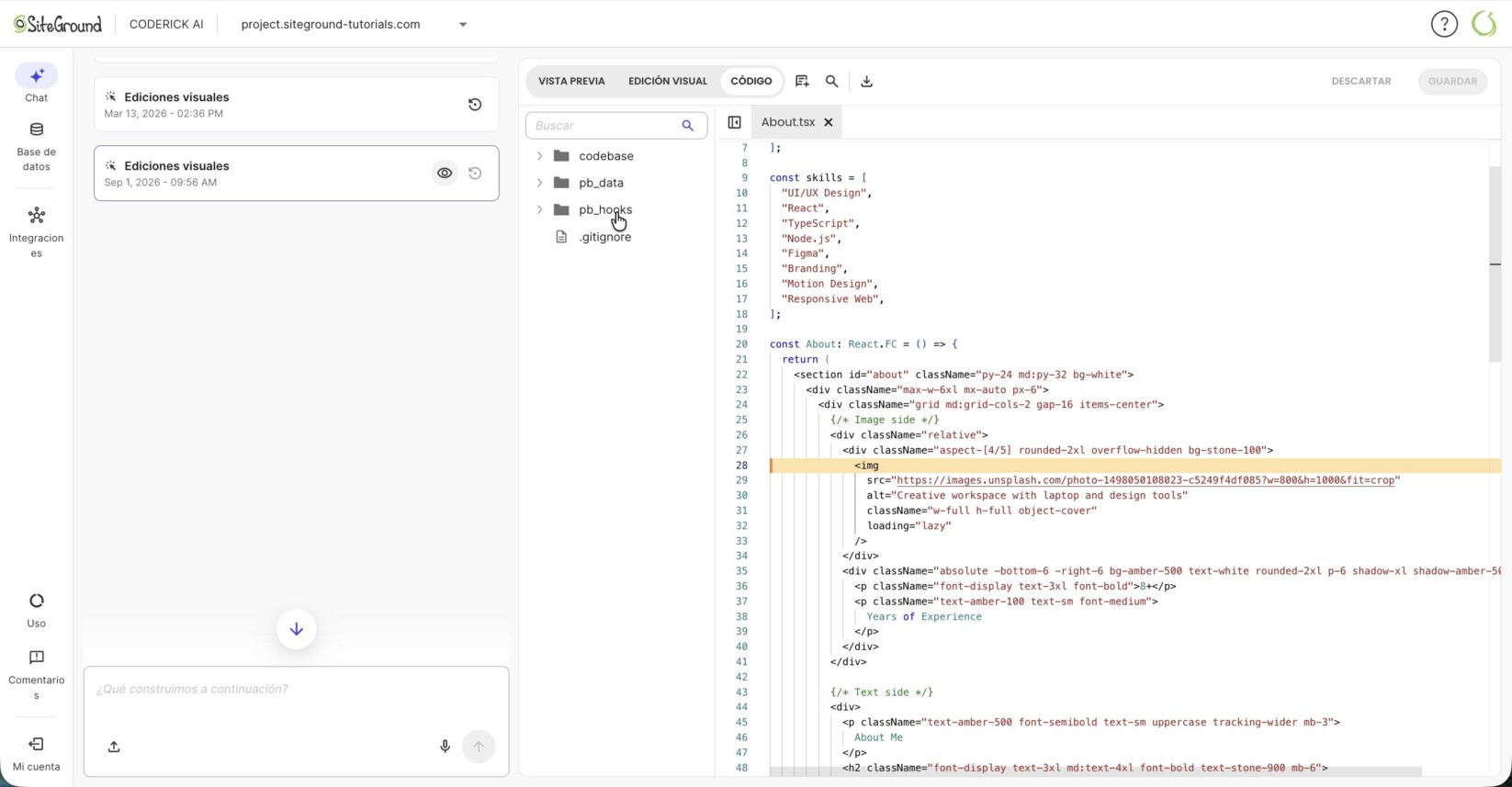 Editor di codice in Coderick AI che mostra il codice evidenziato di un elemento selezionato 