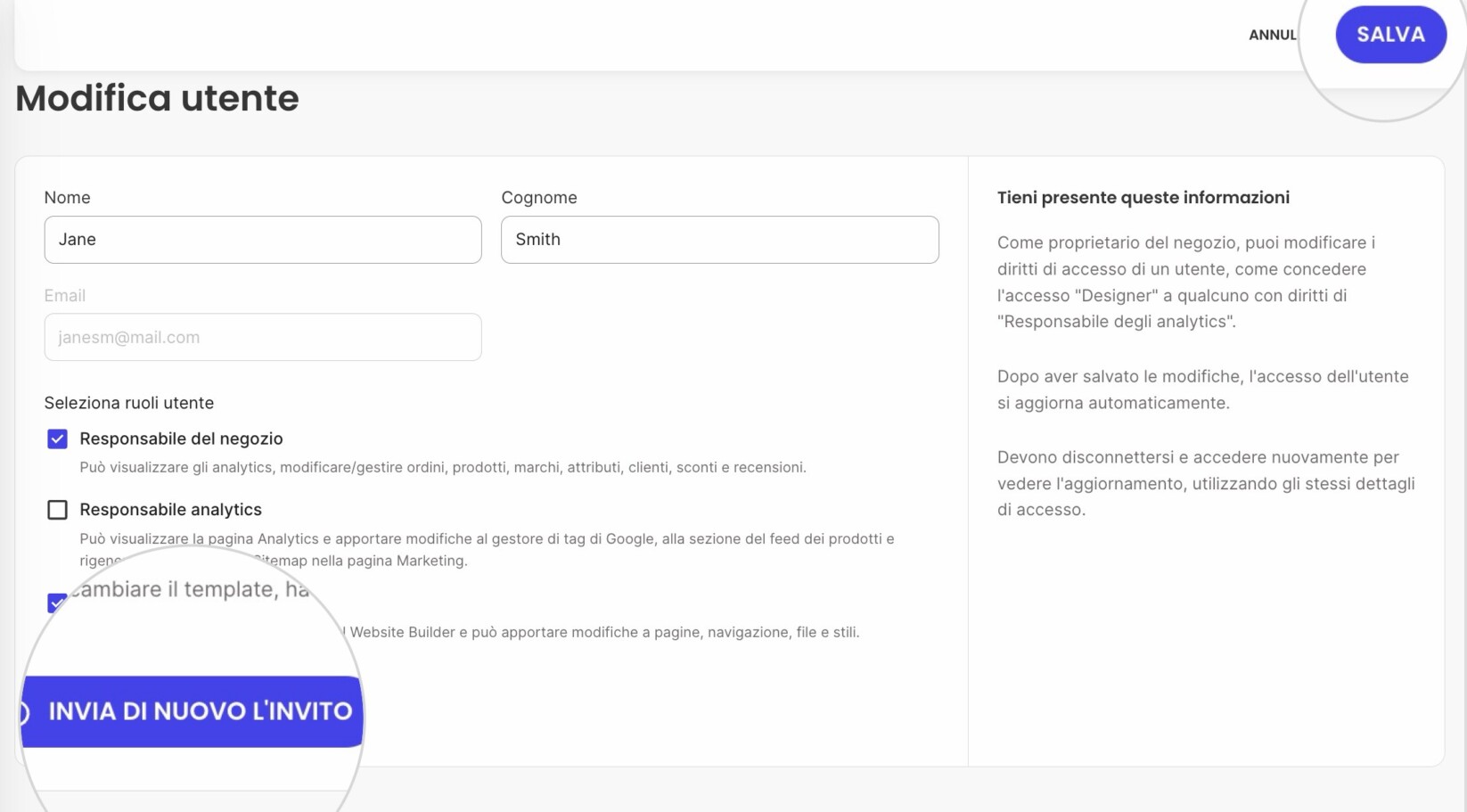 Pagina Utente di Sistema dove puoi modificare i dettagli e salvare le modifiche o reinviare l'invito