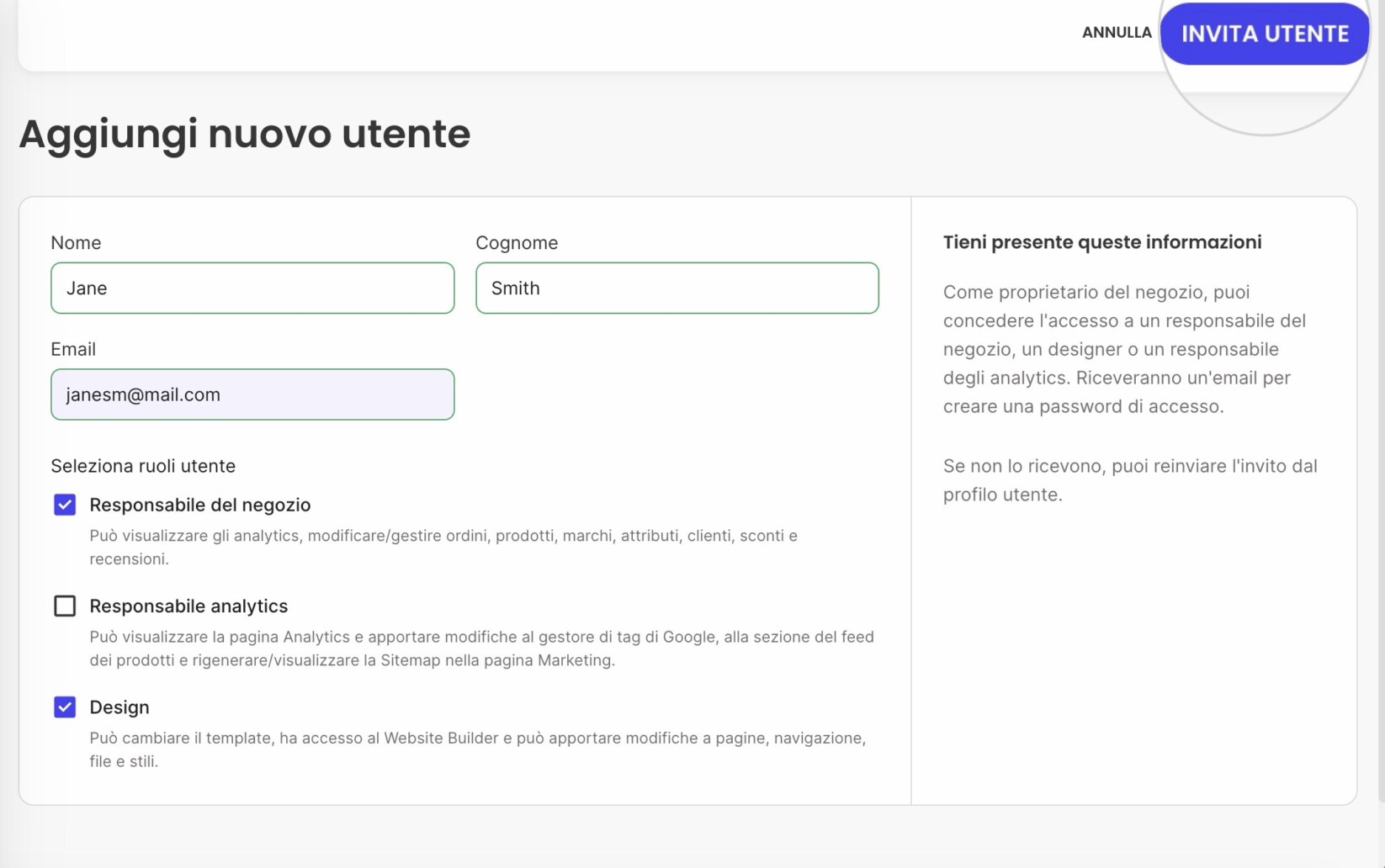Pagina Utente di Sistema dove inserisci i dettagli dell'utente e invii l'invito tramite il pulsante Invita Utente