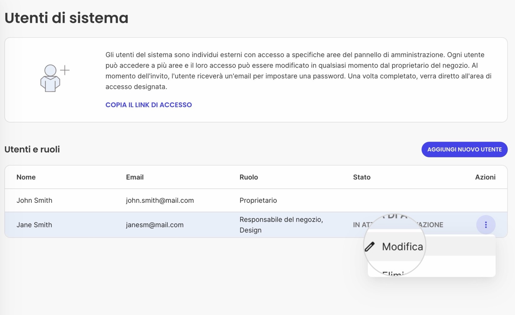 Sezione Utenti di Sistema in Ecommerce che mostra il pulsante Modifica dal menu Azioni per un singolo utente