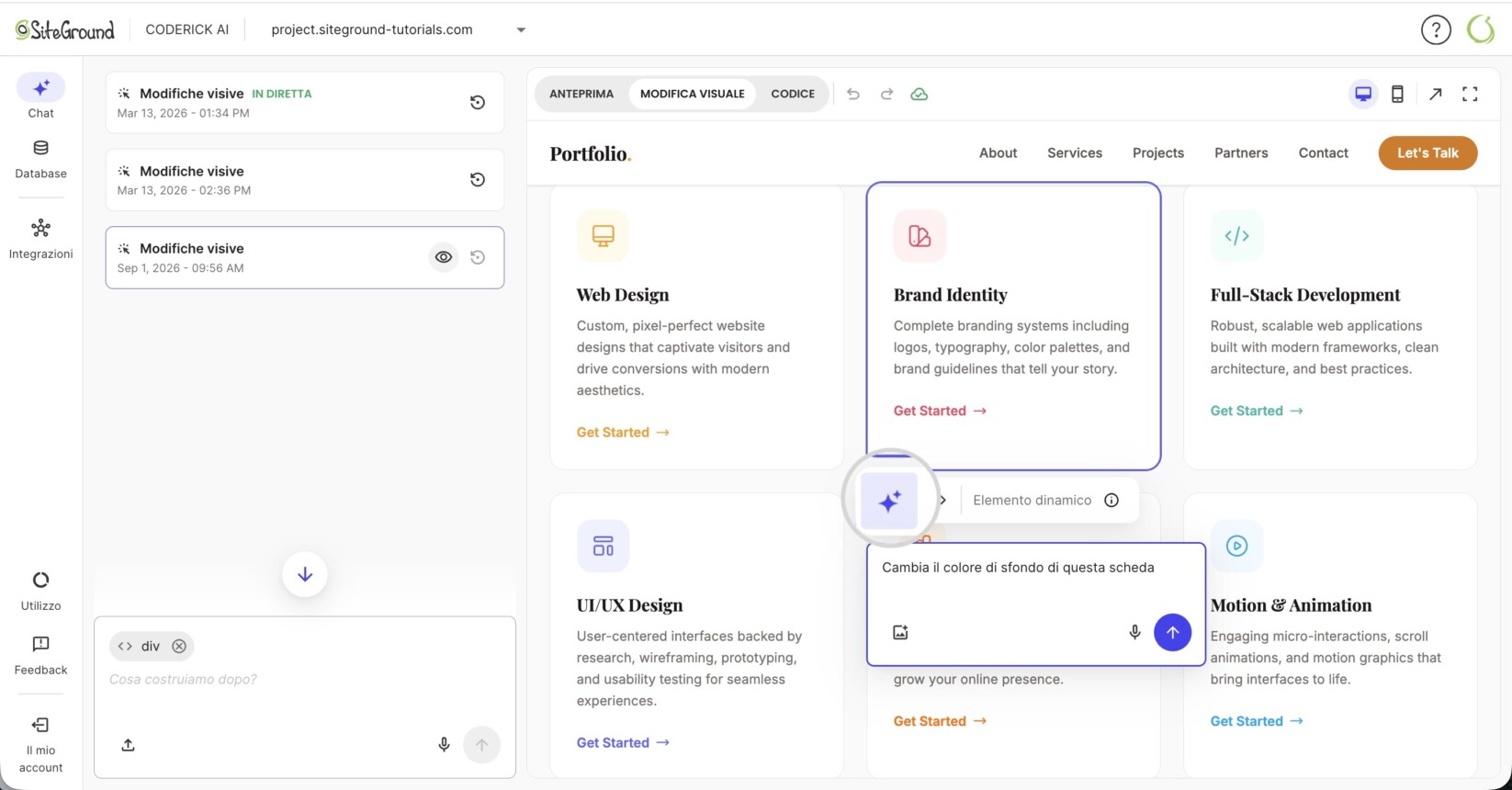 Un elemento selezionato nel costruttore di Coderick AI che mostra l'opzione Modifica con IA che evidenzia l'elemento nel prompt di chat