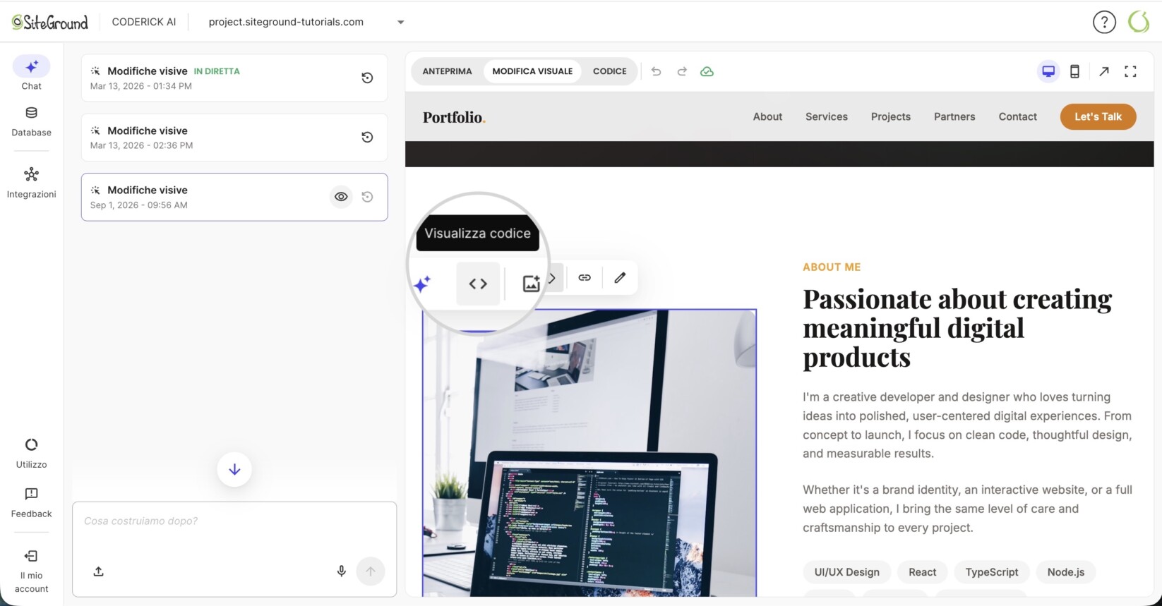 Un elemento selezionato in Coderick AI mentre sei in modalità Visuale con l'opzione evidenziata Visualizza codice. 