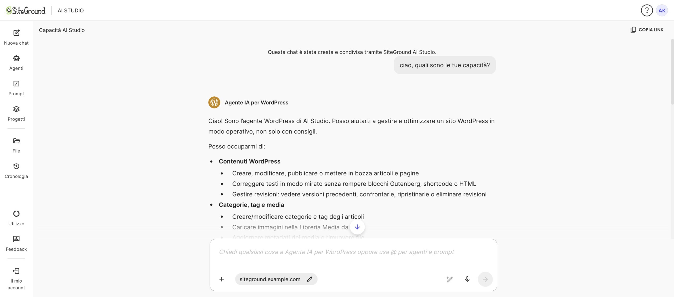 Chat condivisa di SiteGround AI Studio aperta con accesso effettuato e Agente AI per WordPress disponibile.