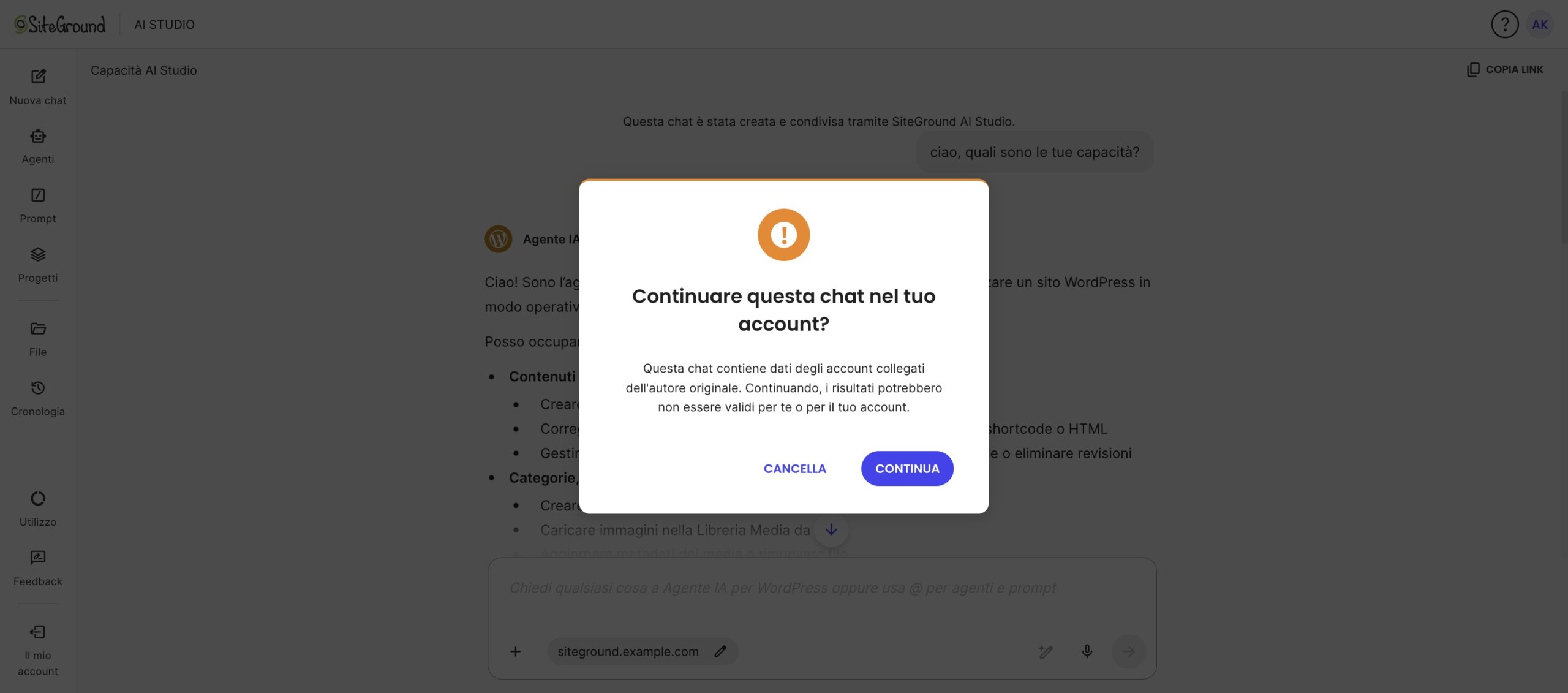 Avviso di conferma per continuare una chat condivisa in SiteGround AI Studio.