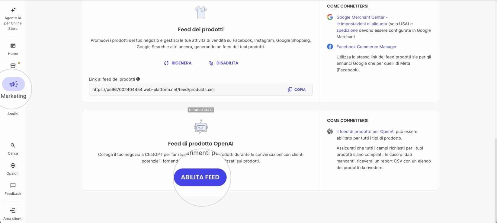 Sezione Marketing nel pannello Site Admin di un sito Ecommerce con il pulsante Abilita feed evidenziato per Feed di prodotto OpenAI