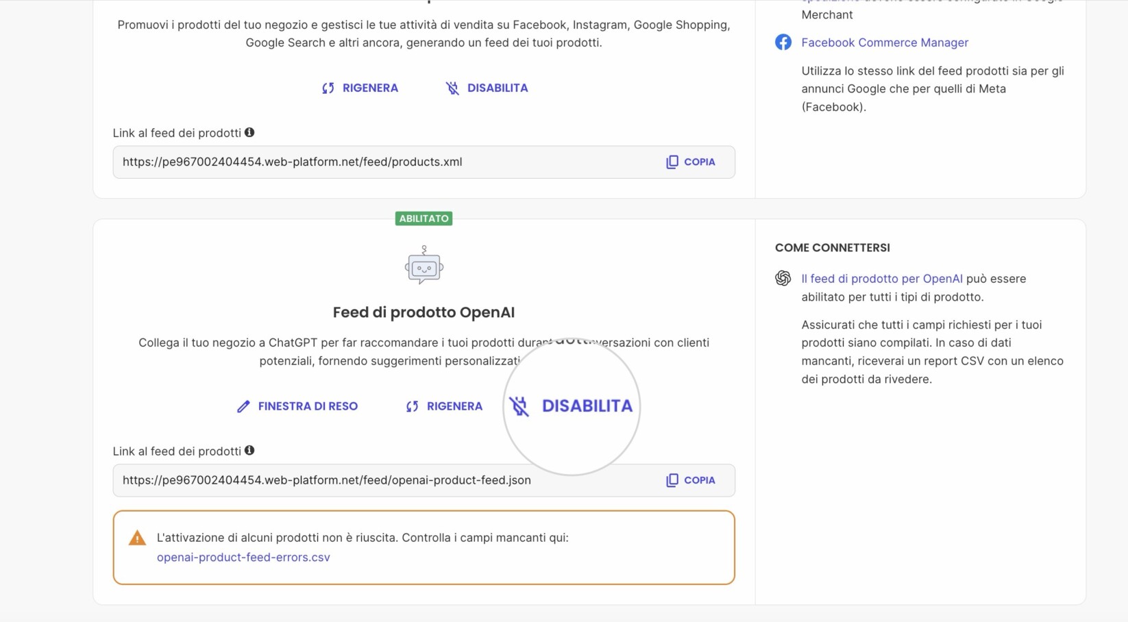 Pannello OpenAI Product Feed nel Site Admin di un sito Ecommerce con il pulsante Disabilita evidenziato per disabilitare il file del product feed