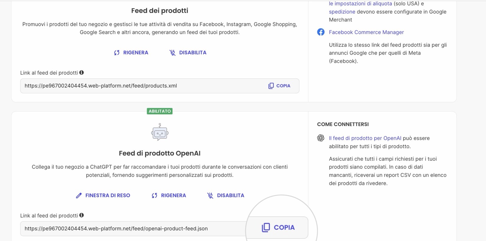 Sezione Marketing nel Site Admin di un sito Ecommerce che mostra un indirizzo URL di OpenAI Product Feed evidenziato e un pulsante Copia accanto