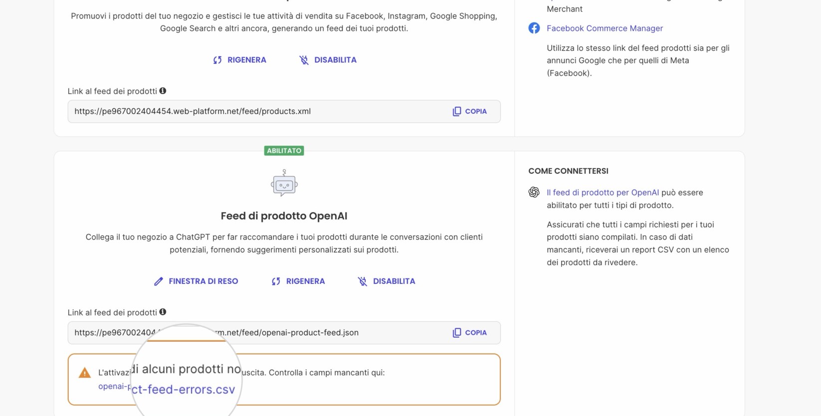 Sezione Marketing nel Site Admin di un sito Ecommerce che mostra un avviso per OpenAI Product Feed riguardo a prodotti con dati mancanti e un link a un file CSV che elenca gli errori