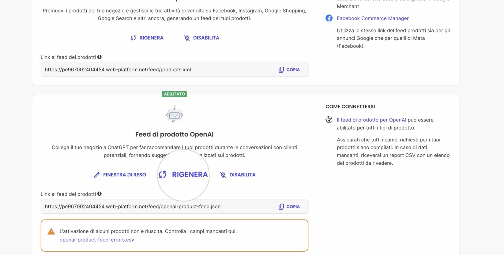 Pannello OpenAI Product Feed nella sezione Marketing nel Site Admin con il pulsante Rigenera evidenziato per rigenerare il file OpenAI Product Feed