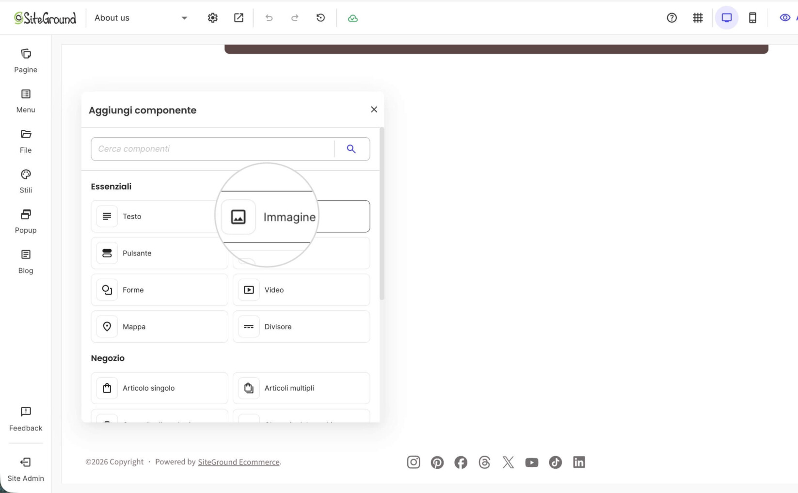 Menu dei componenti dove puoi scegliere che tipo di componente aggiungere