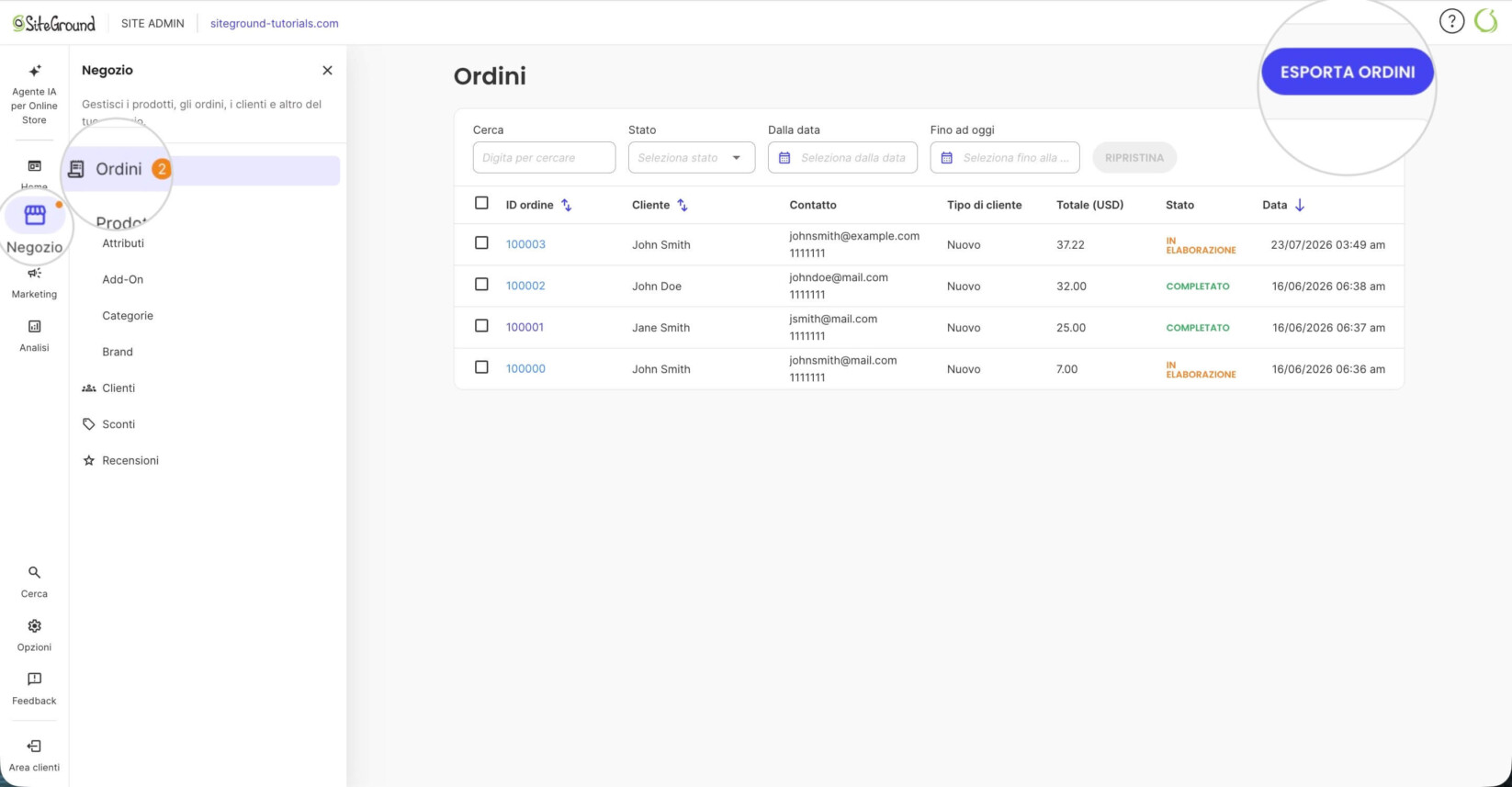 Sezione Ordini nel pannello Site Admin di un negozio Ecommerce con il pulsante Esporta Ordini evidenziato