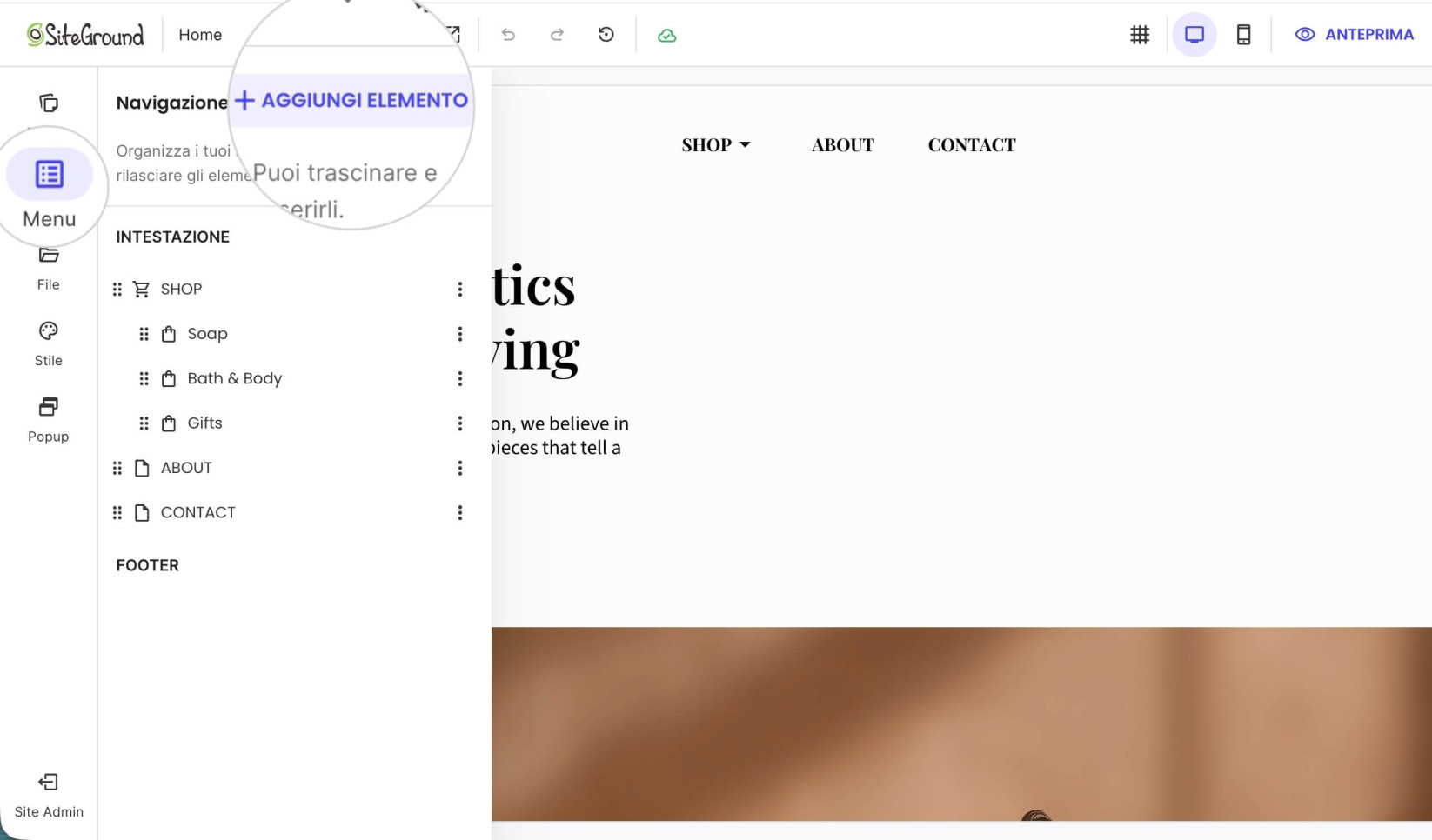 Impostazioni di navigazione in Website Builder con il pulsante Aggiungi elemento evidenziato