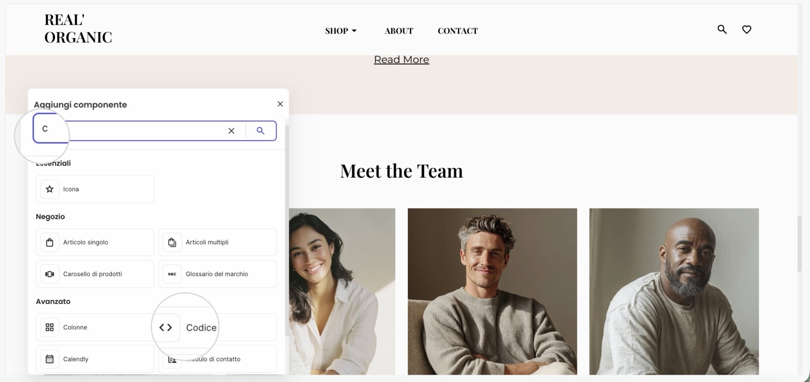 La finestra Aggiungi Componente su una pagina in Website Builder dove puoi selezionare il componente Codice