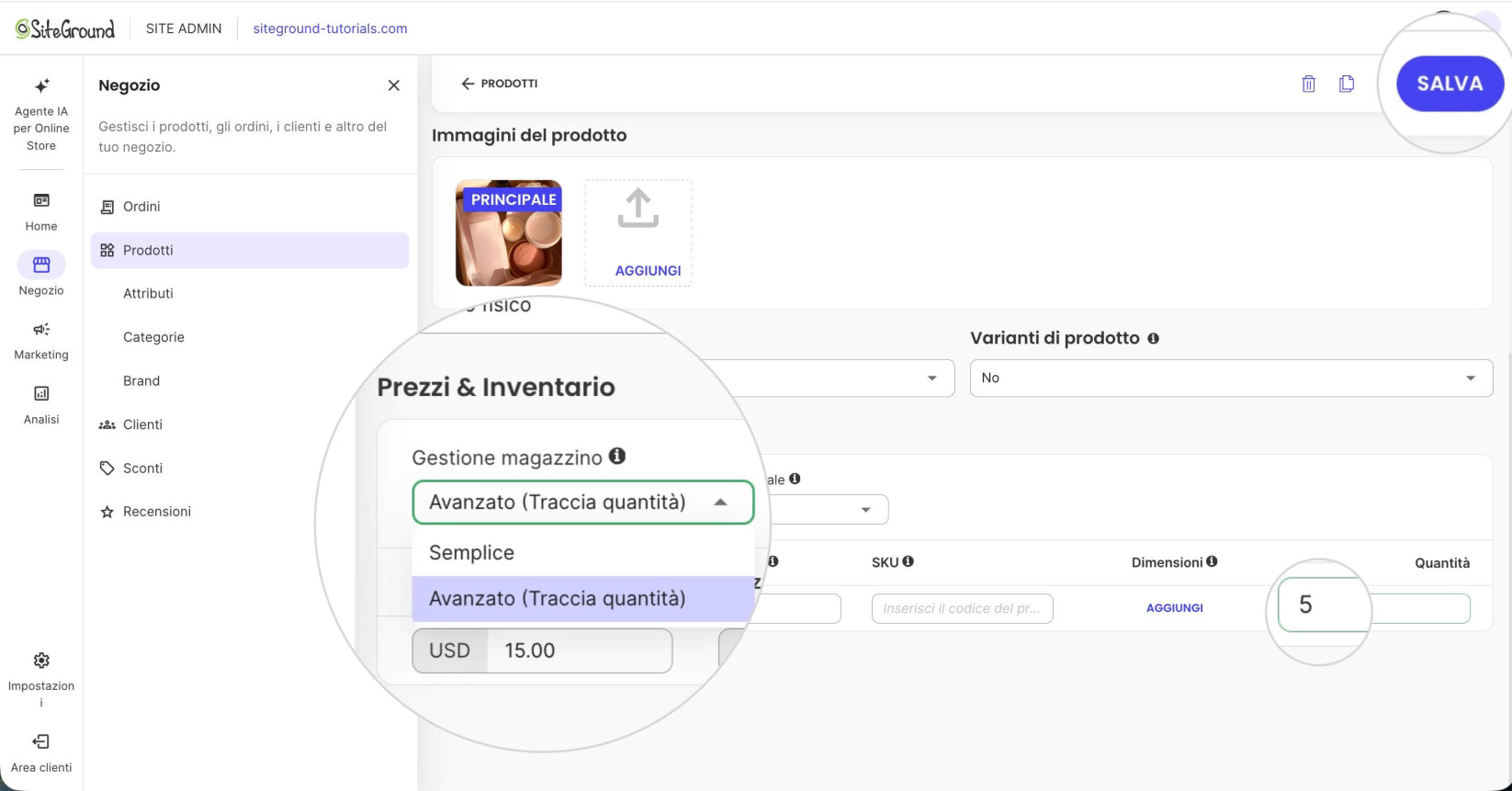 L'editor di un singolo prodotto in Ecommerce dove la Gestione Stock è impostata su Avanzata e la Quantità è impostata su 5 unità