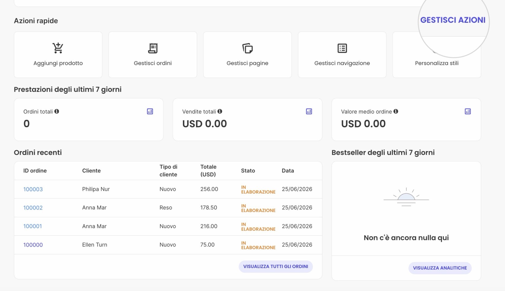 Sezione Azioni rapide nella Home page di un Site Admin di Website Builder. Il pulsante Gestisci azioni è evidenziato