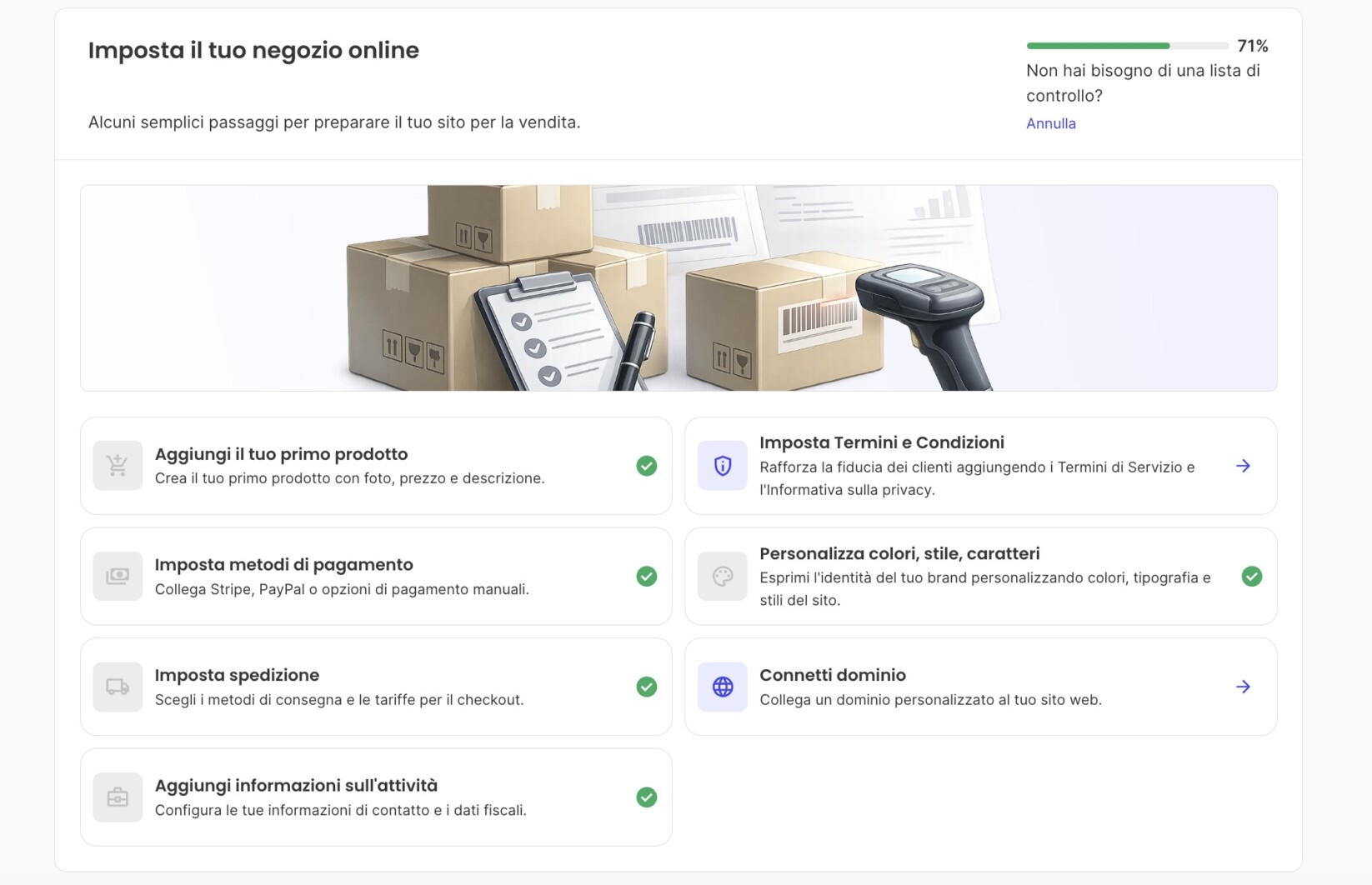 Checklist delle azioni di configurazione del sito per un sito web Ecommerce appena creato