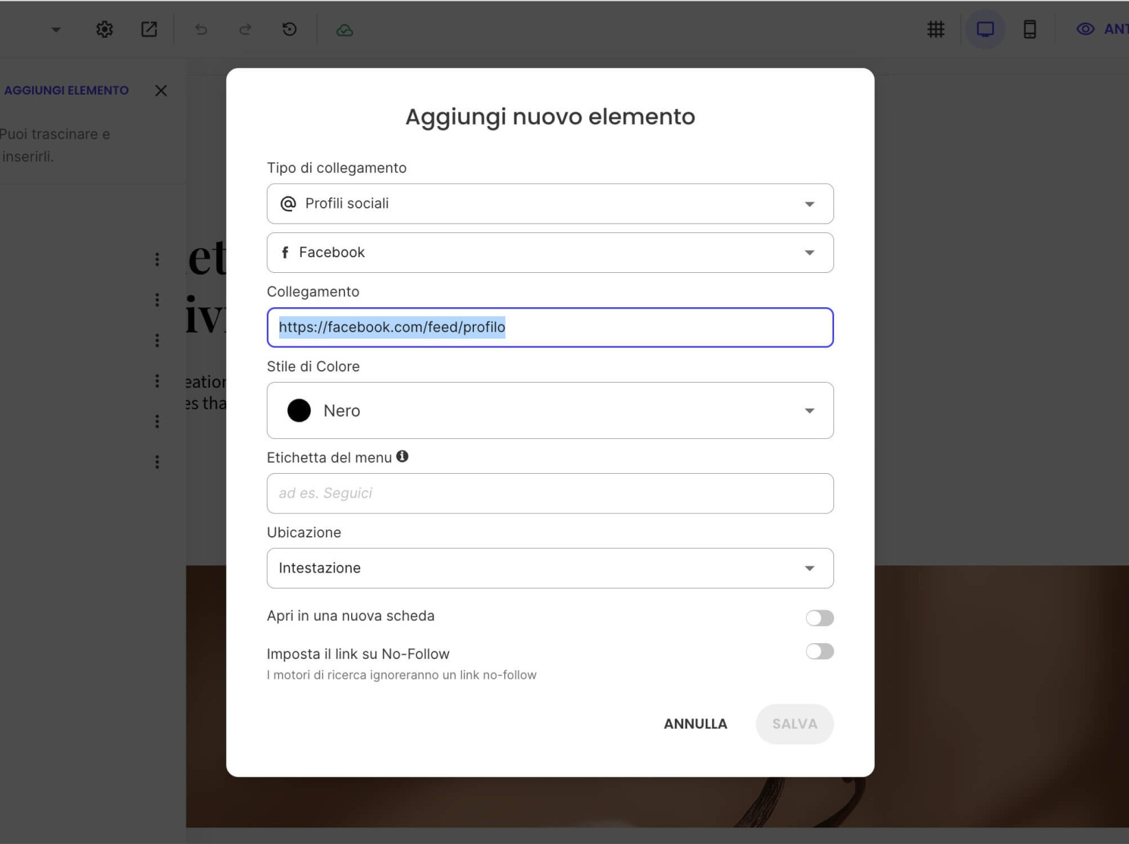 Una finestra pop-up per aggiungere elementi di menu dove puoi inserire un link al profilo social per un link al profilo social