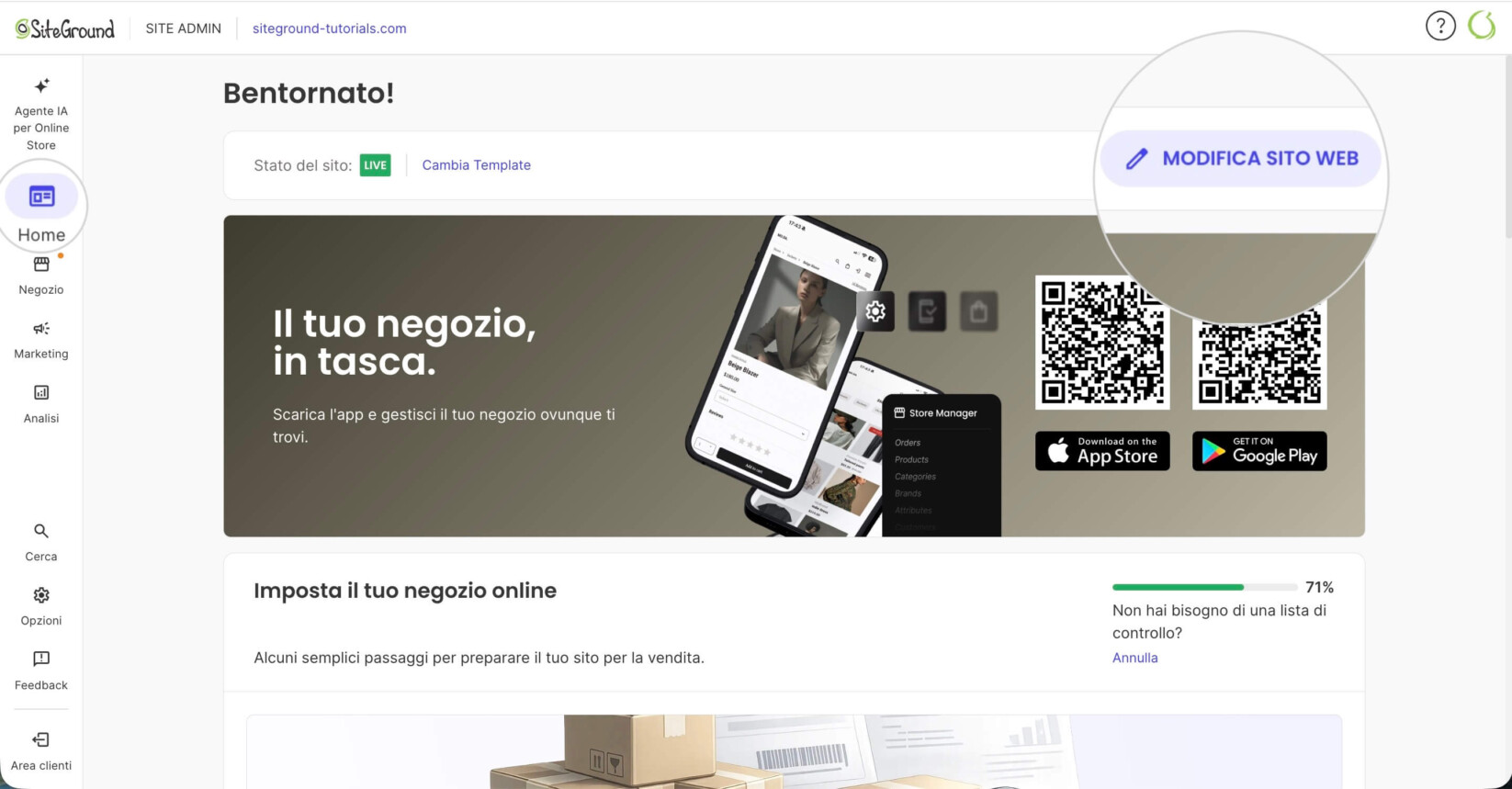 Pagina Home del Site Admin di SiteGround (« Bentornato, Aleksandar »), con un riquadro ingrandito sul pulsante « Modifica sito web ». La pagina mostra lo Stato del sito LIVE e la lista di configurazione del negozio con i passaggi Aggiungi il tuo primo prodotto e Imposta Termini e Condizioni.