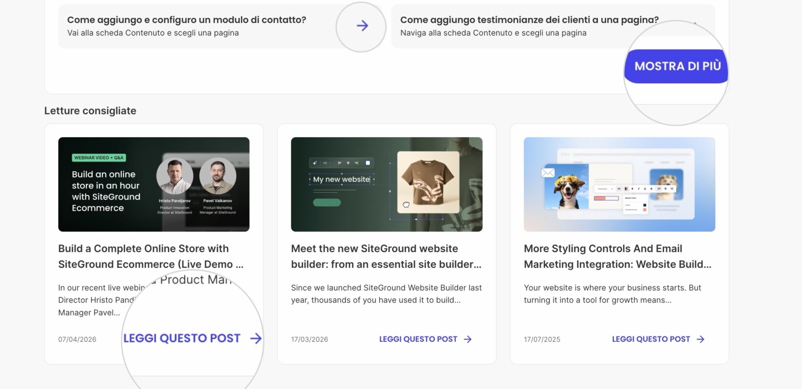Le sezioni Consigli utili e Letture consigliate in una Home page all'interno del Site Admin di Website Builder