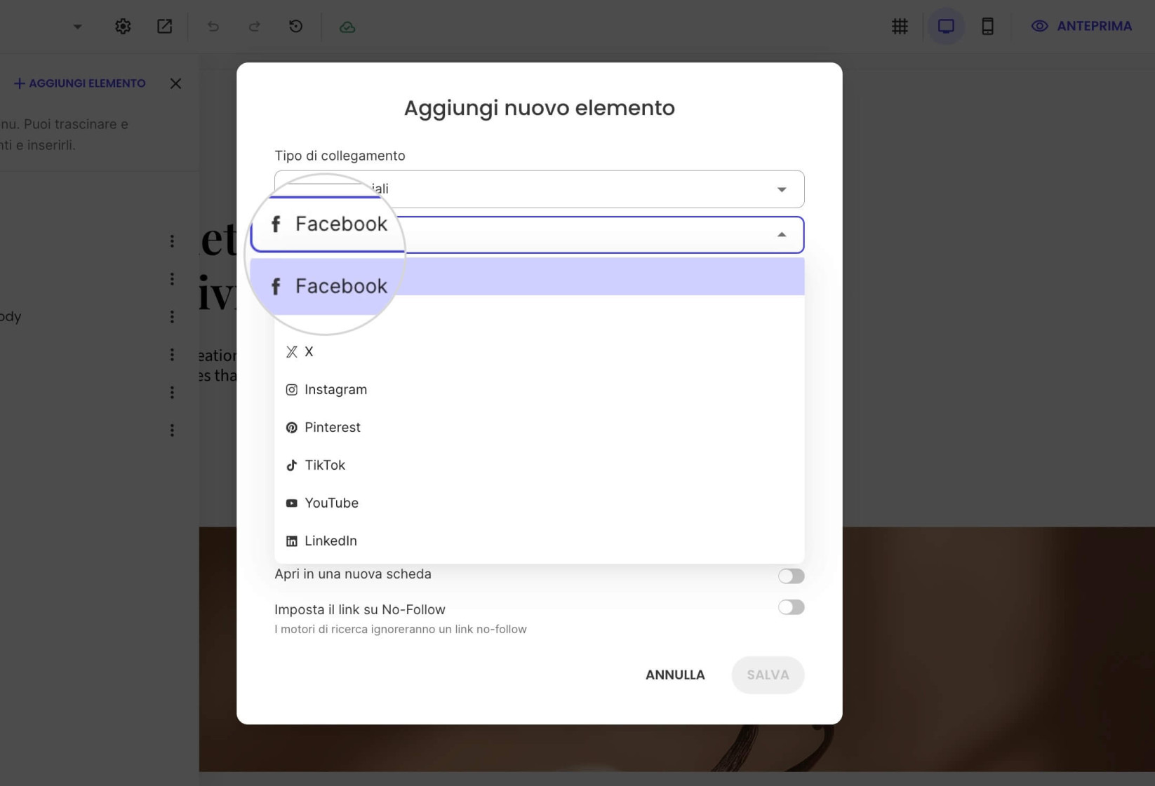 Una finestra pop-up per aggiungere nuovi elementi di menu in cui si espande un menu a discesa per scegliere la piattaforma social per un link al profilo social