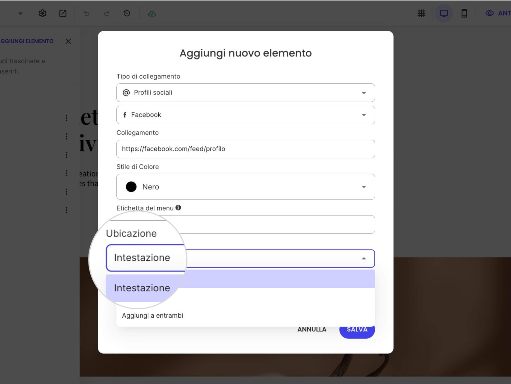 Una finestra pop-up per aggiungere elementi di menu che mostra un menu Ubicazione per selezionare dove posizionare un link al profilo social