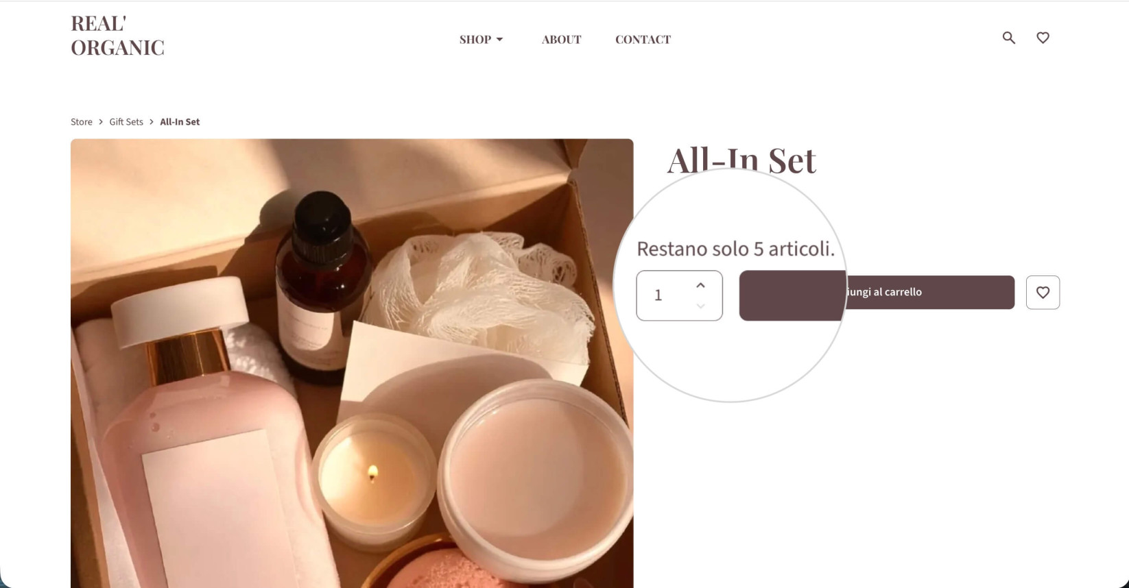 Una pagina prodotto su un negozio Ecommerce che mostra lo stock disponibile del prodotto
