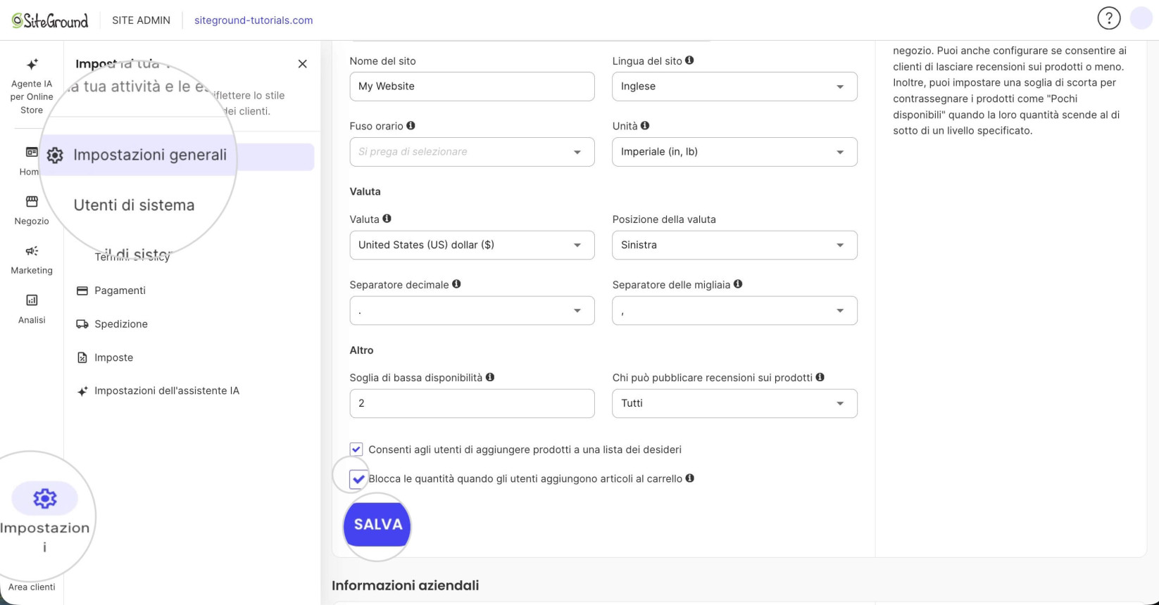 Pannello Site Admin di un sito web Ecommerce che mostra le Impostazioni Generali dove è selezionata l'opzione Riserva quantità quando gli utenti aggiungono articoli a un carrello