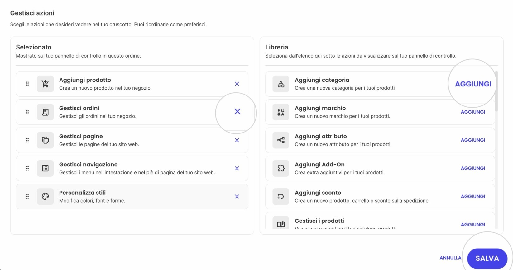 Una finestra pop-up per la gestione delle azioni rapide in Website Builder in cui è possibile modificare l'ordine, aggiungere o rimuovere azioni dal menu