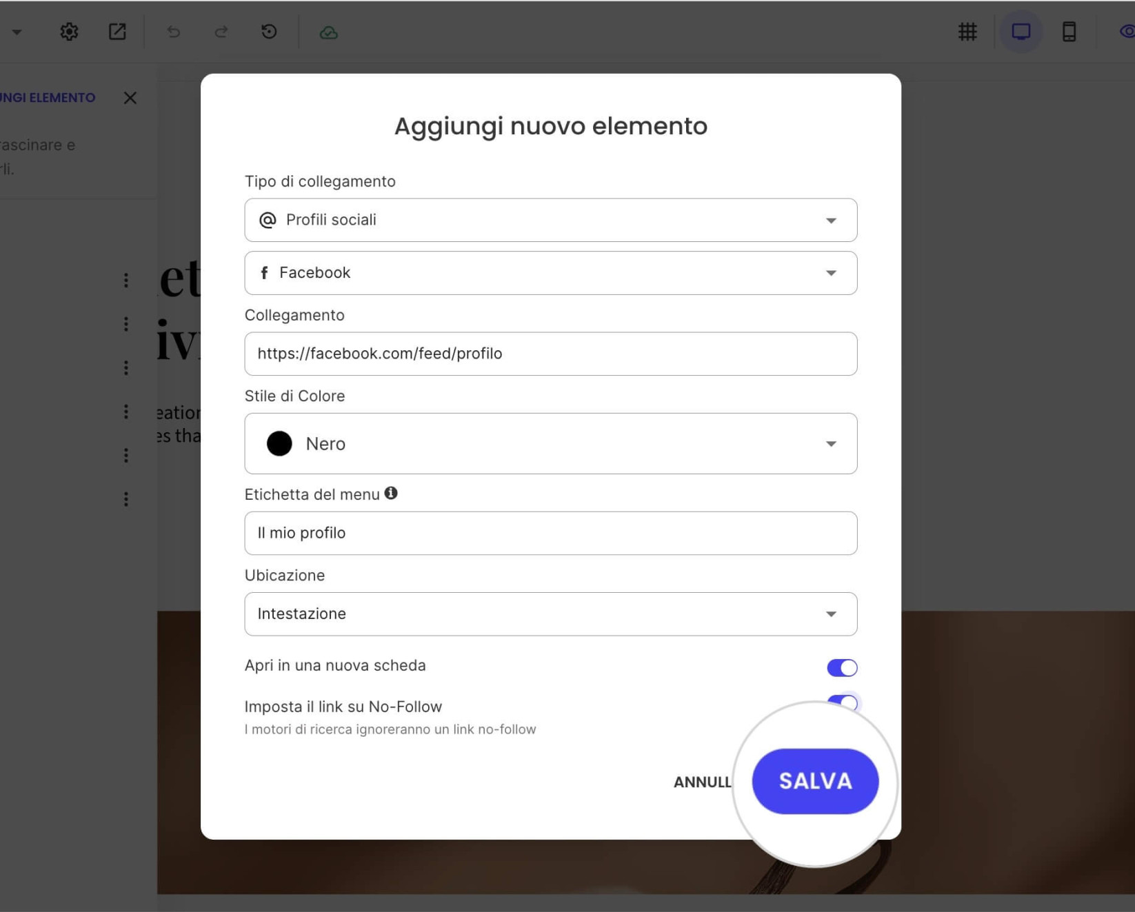 Una finestra pop-up per aggiungere elementi di menu con il pulsante Salva evidenziato per confermare un link al profilo social