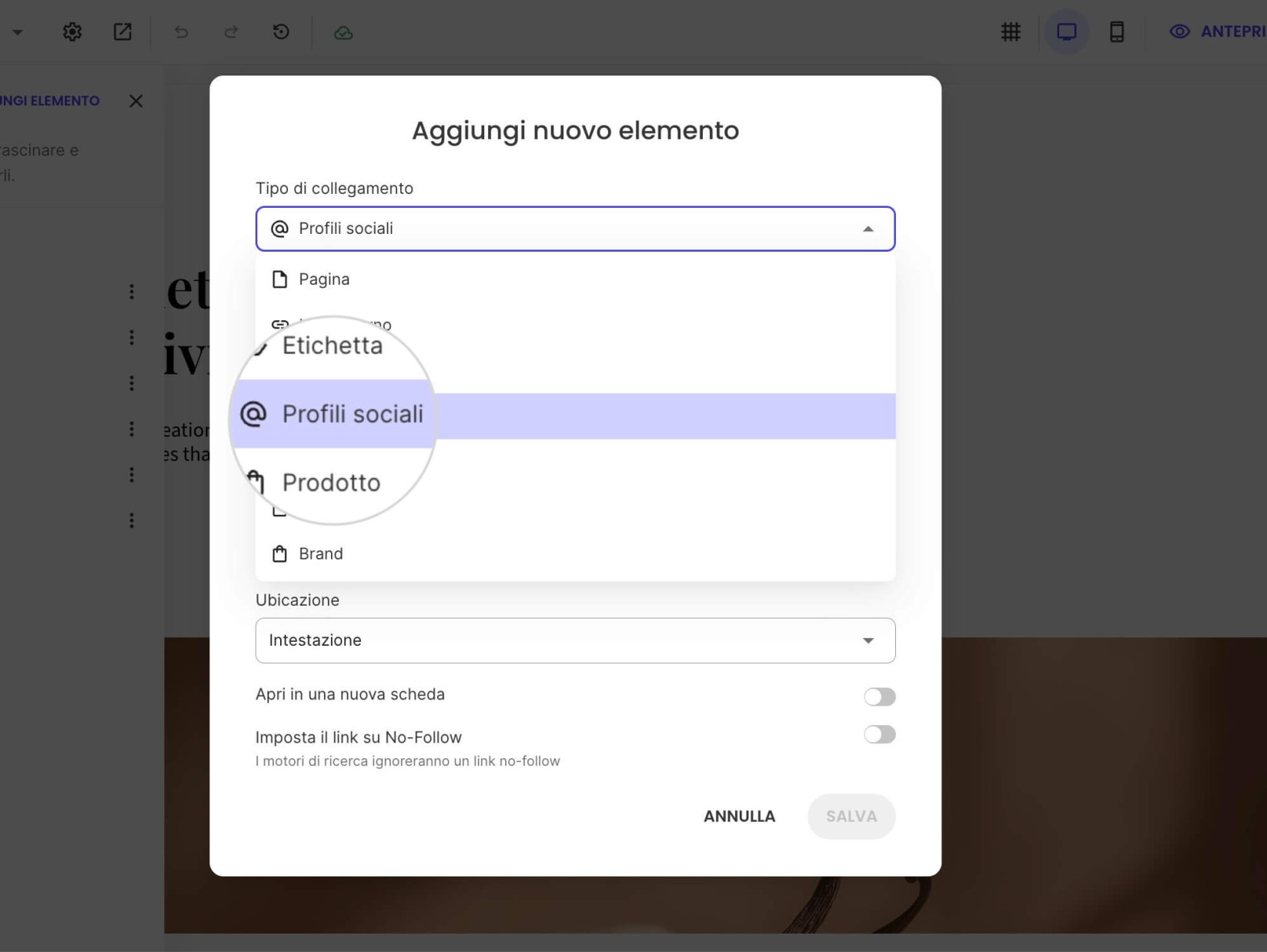 Una finestra pop-up per aggiungere nuovi elementi di menu in cui è selezionato Profili social come Tipo di link