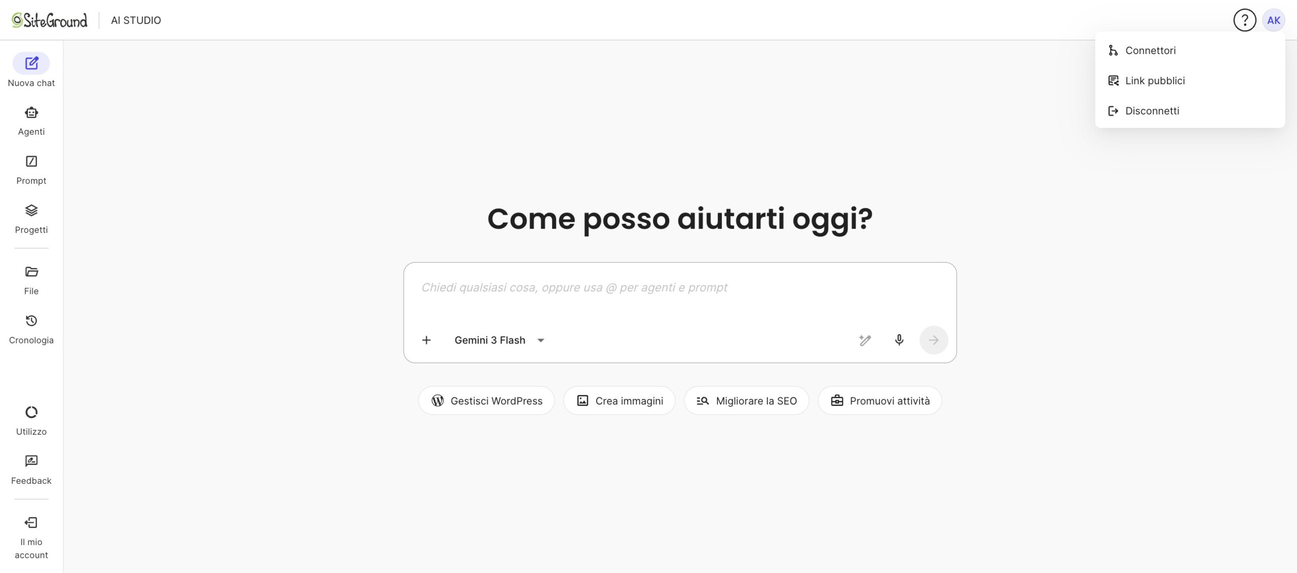 Menu del profilo di AI Studio con l’opzione Link pubblici