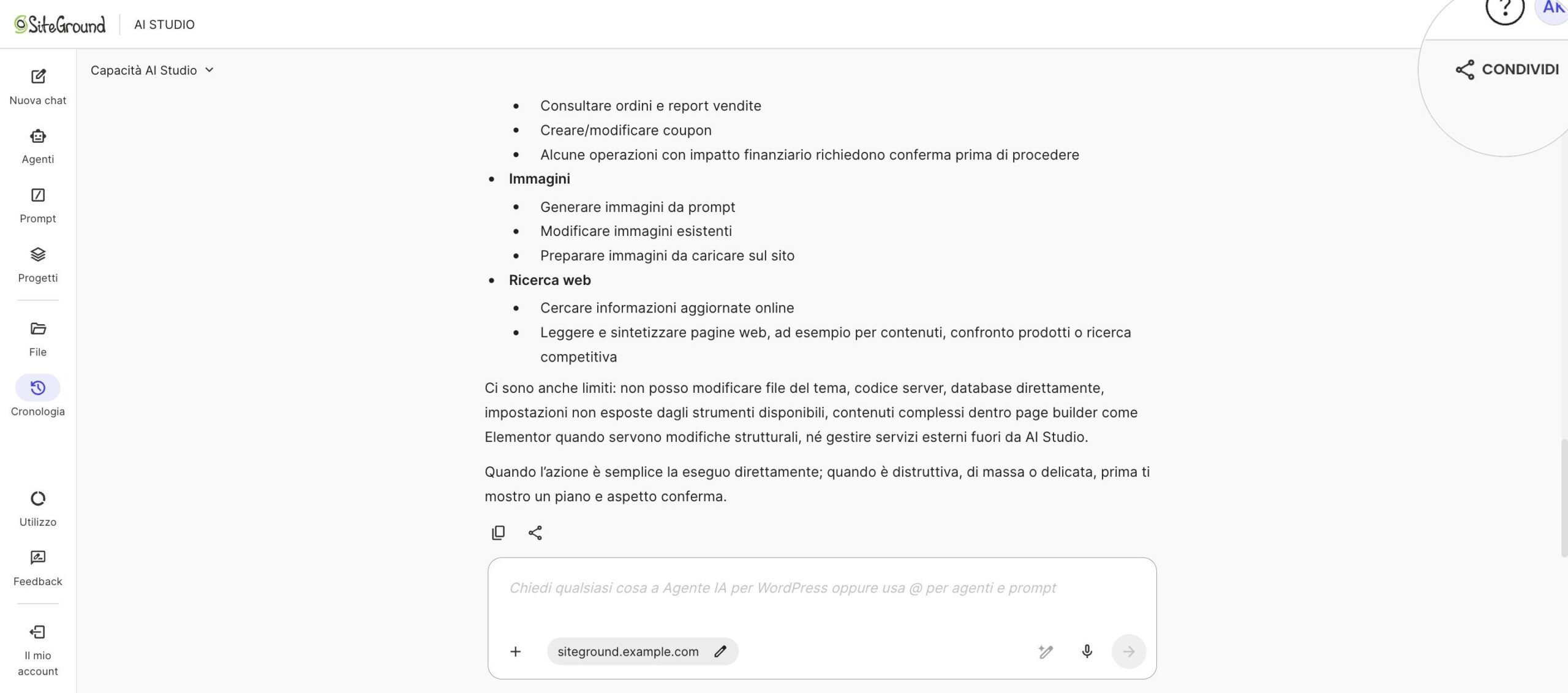 Pulsante Condividi nell’angolo in alto a destra di una chat di AI Studio