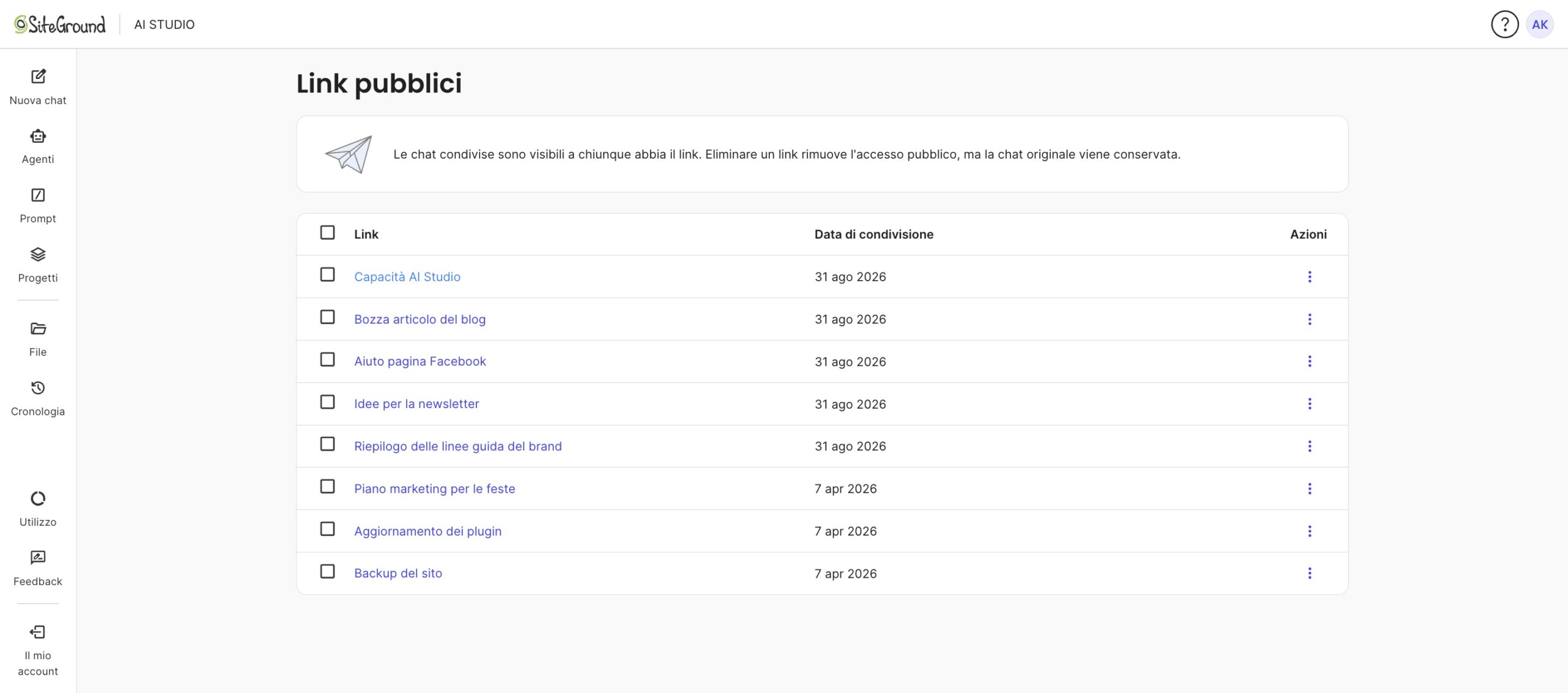 Pagina Link pubblici con l’elenco delle chat condivise
