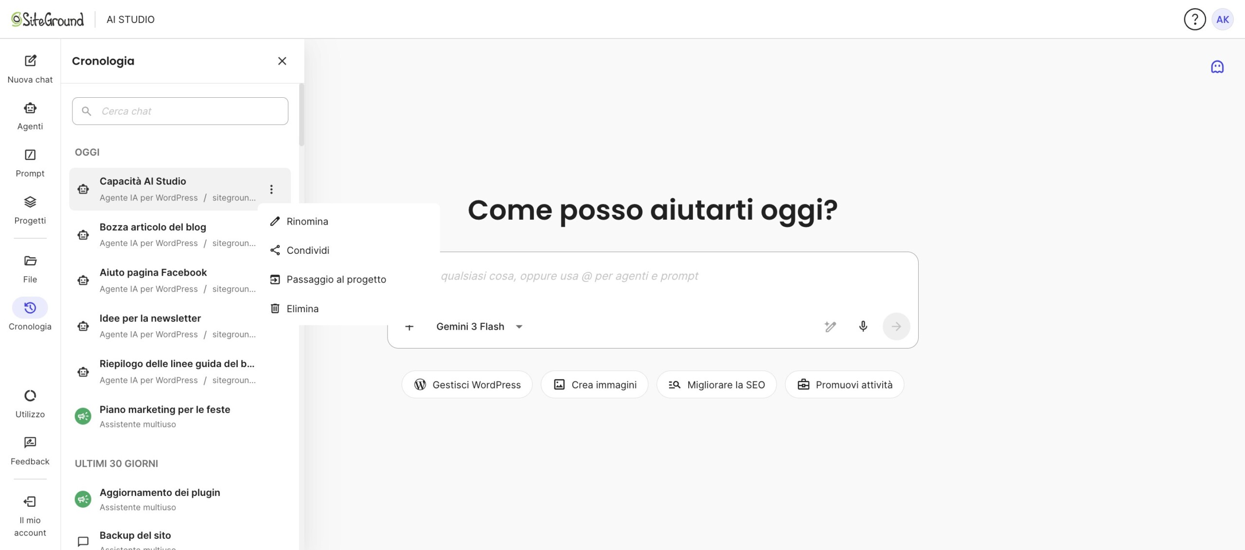 Opzione Condividi nel menu di una chat della cronologia di AI Studio