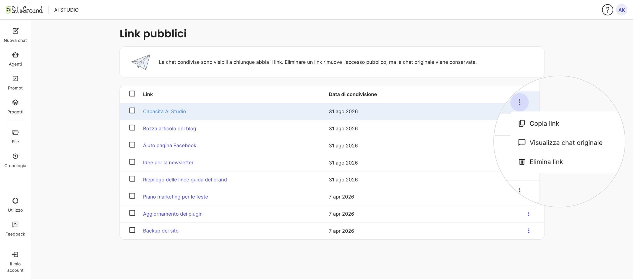 Menu delle azioni di un link pubblico con le opzioni Copia link, Visualizza chat originale ed Elimina link