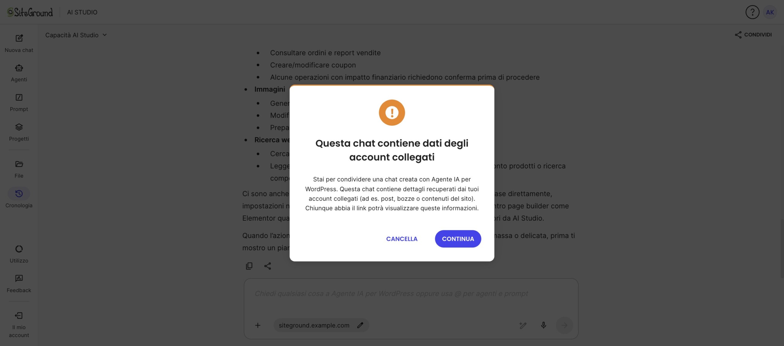 Avviso di AI Studio sui dati degli account collegati prima di condividere una chat