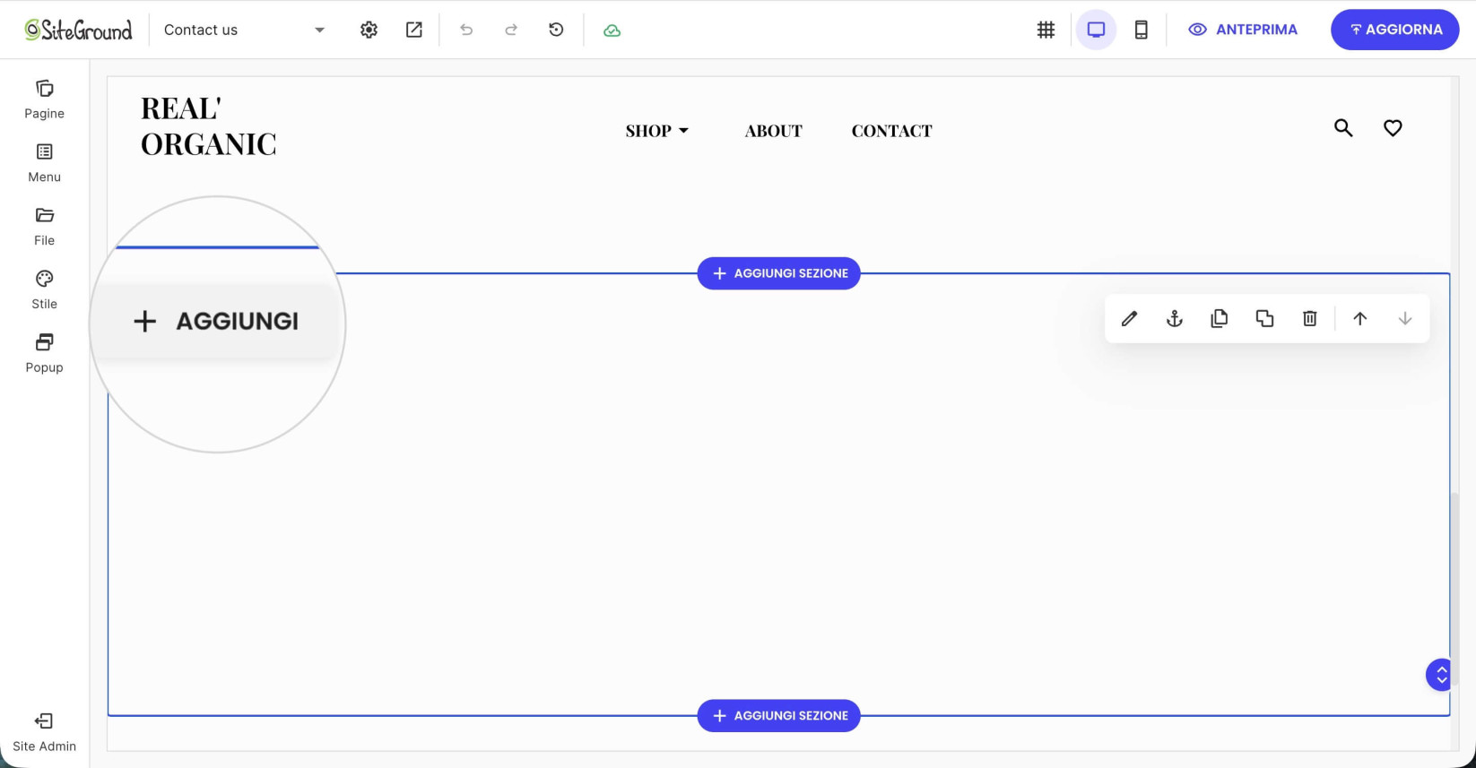 Una sezione selezionata su una pagina in Website Builder dove il pulsante Aggiungi è visualizzato in alto a sinistra