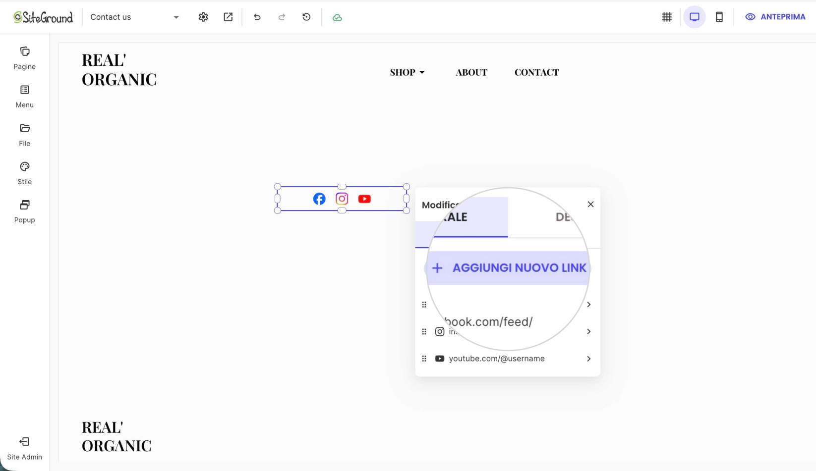Menu di modifica di un componente Icone Social su una pagina in Website Builder con un pulsante evidenziato Aggiungi nuovo link