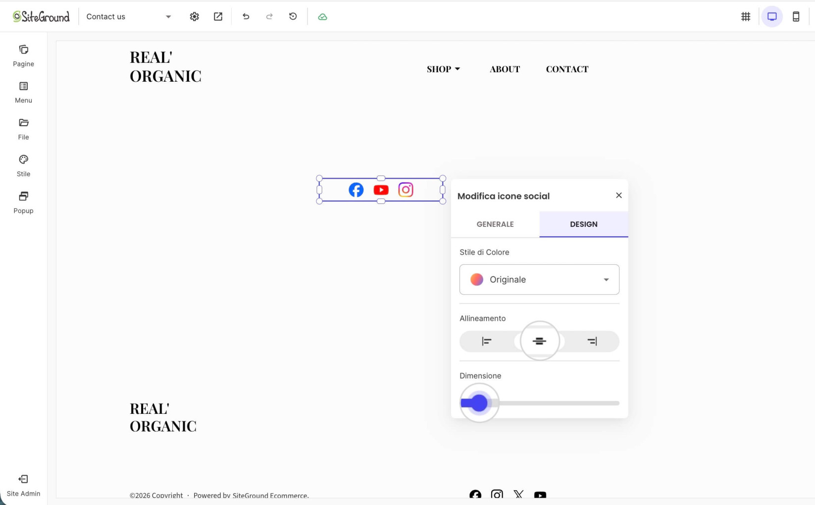 Menu di modifica per un componente Icone Social in Website Builder che visualizza le opzioni di allineamento e dimensione