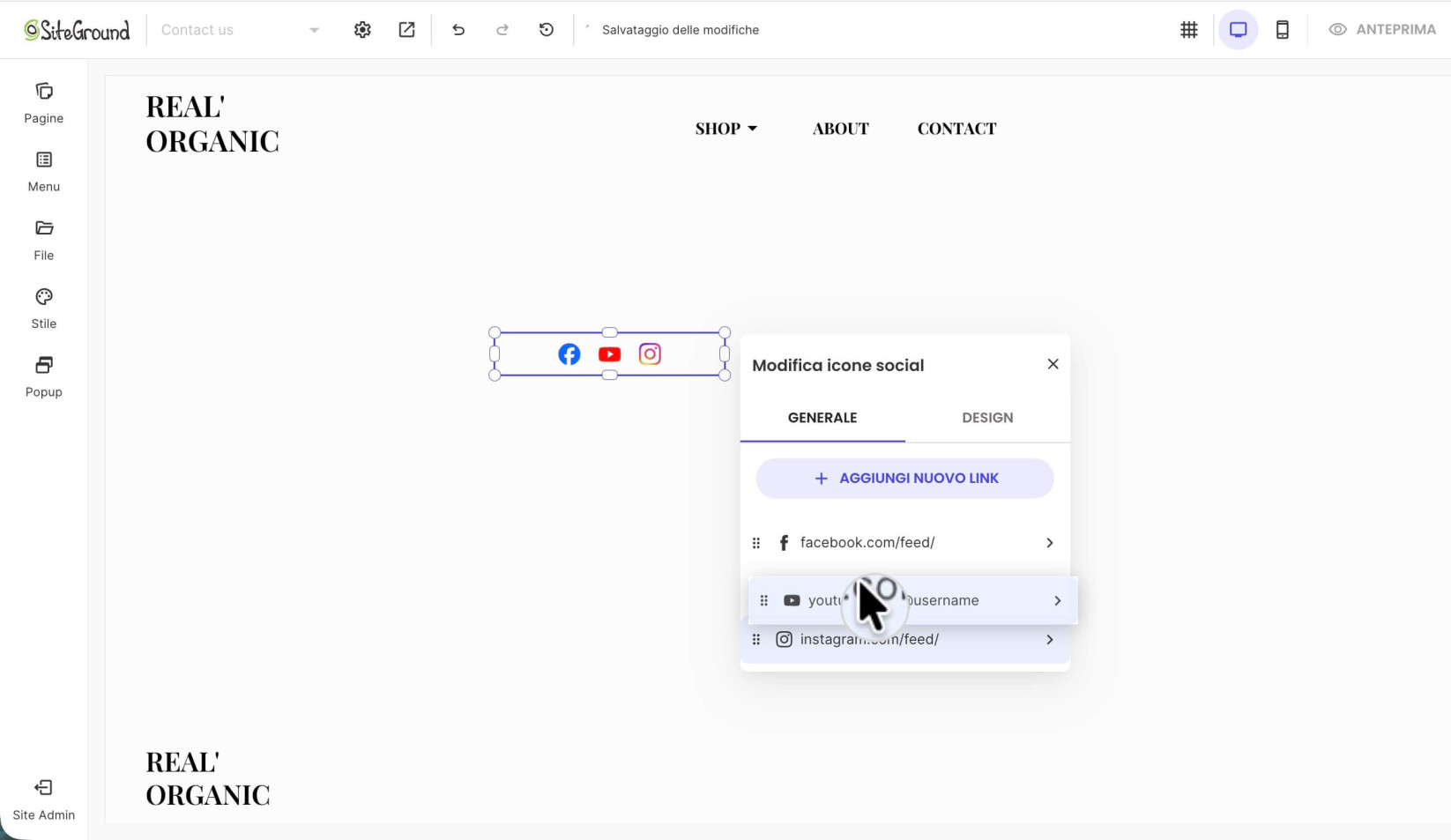 Opzioni di modifica per un componente su una pagina di Website Builder che elenca le icone social che possono essere riorganizzate spostandole
