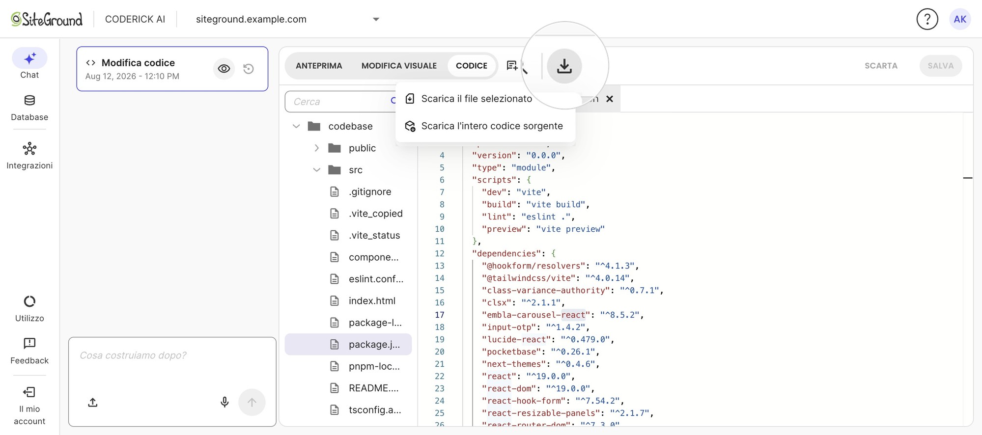 Coderick AI con il menu di download aperto (evidenziato), che offre « Scarica il file selezionato » e « Scarica l'intero codice sorgente ».