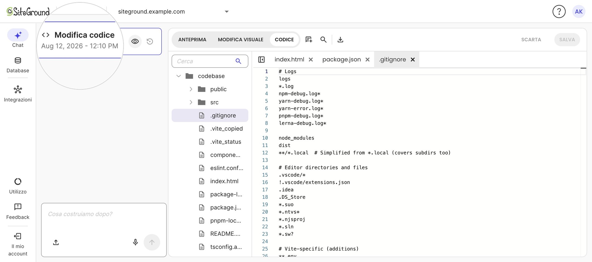 Coderick AI con il file .gitignore generato automaticamente aperto e una voce della cronologia chat evidenziata « Modifica codice – Aug 12, 2026 - 12:10 PM ».