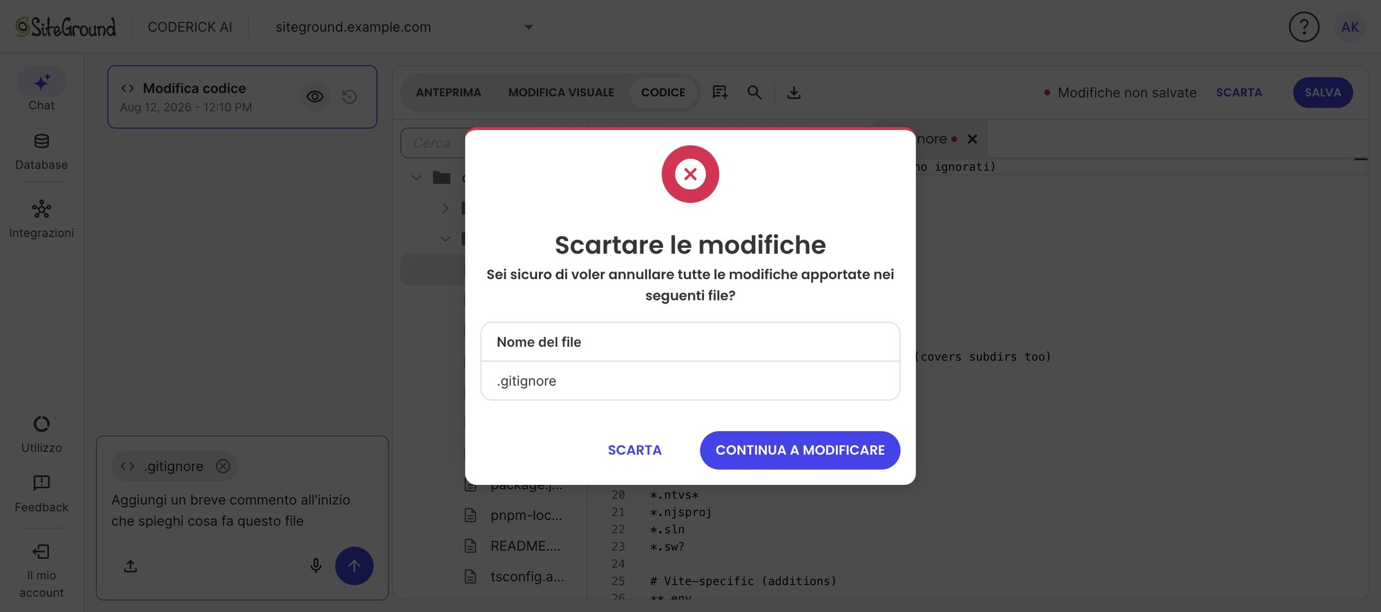 Coderick AI con una finestra di conferma « Scartare le modifiche » che chiede se annullare tutte le modifiche al file .gitignore, con i pulsanti Scarta e Continua a modificare.