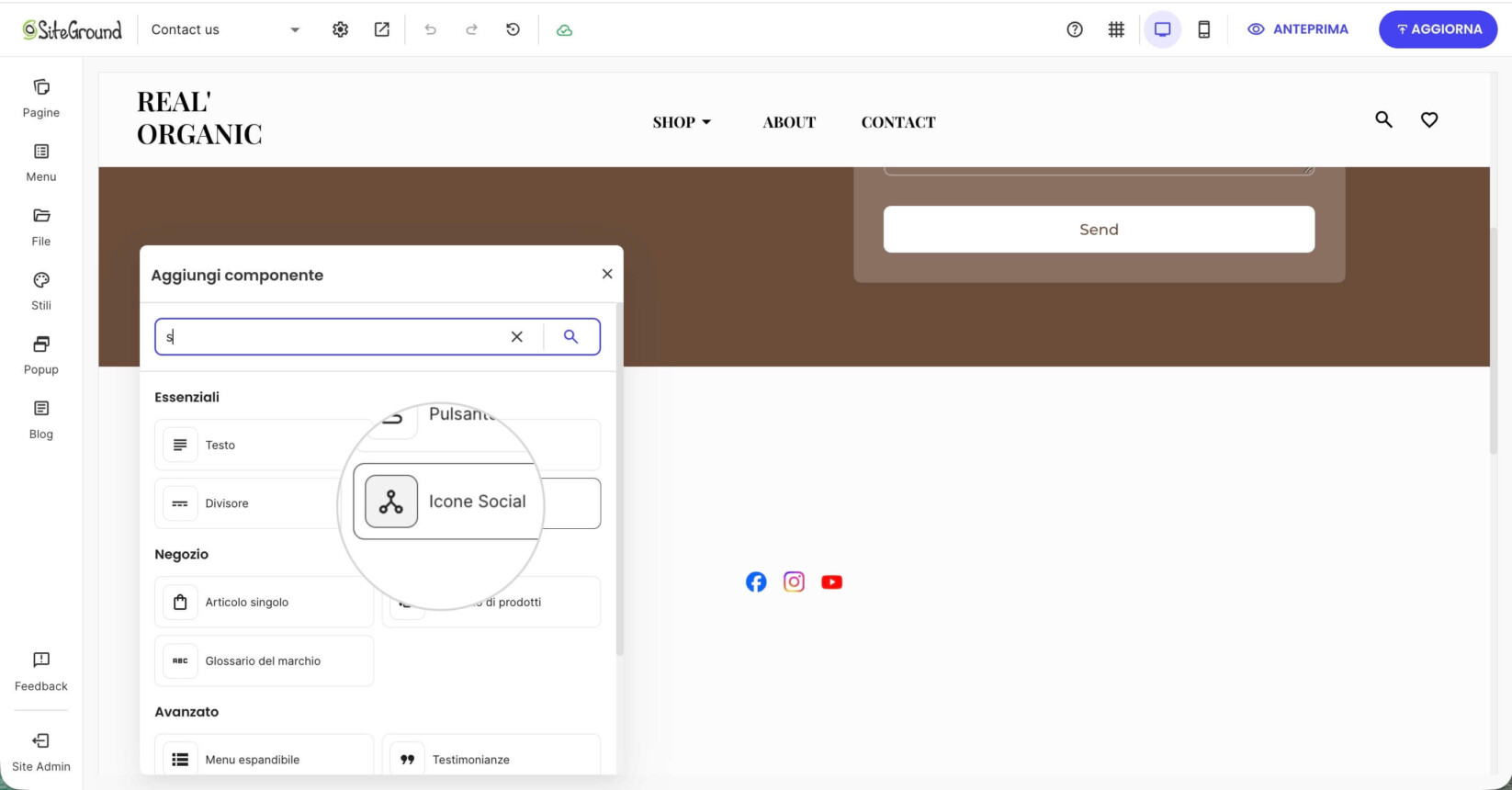 Website Builder che visualizza il menu dei componenti in cui è selezionato il componente Icone Social