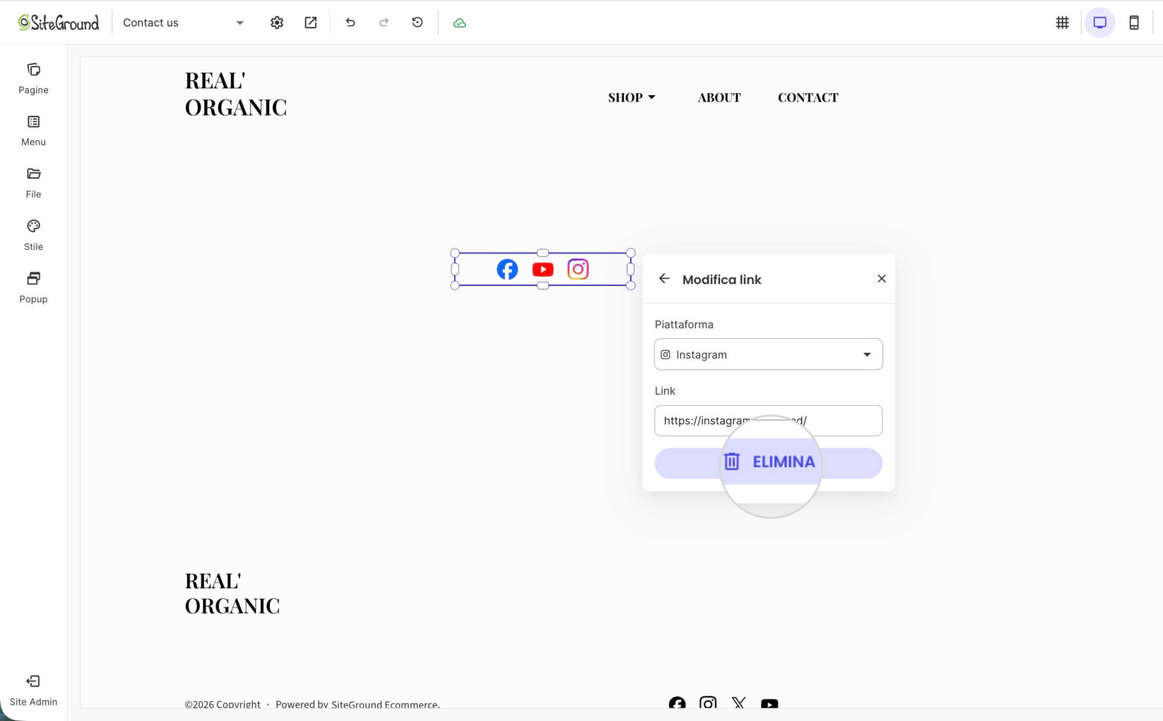 Opzioni di modifica espanse per un'icona social all'interno di un componente in Website Builder che evidenziano il pulsante Elimina