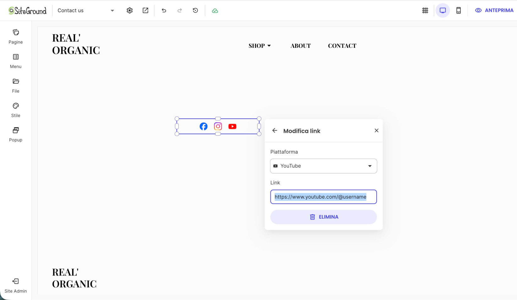 Campo Link per l'invio di un link a un profilo social per un'icona social all'interno di un componente in Website Builder