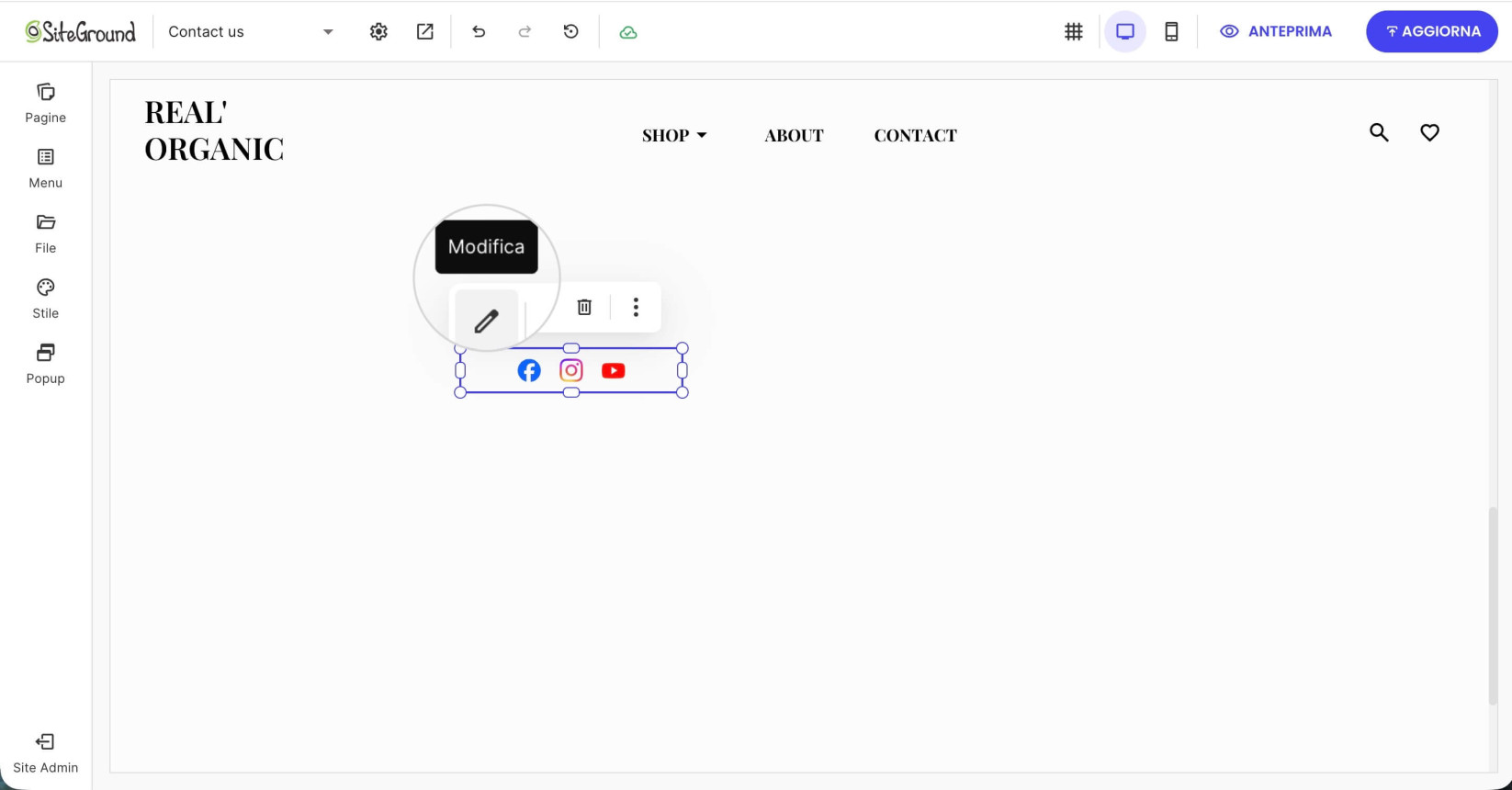 Un componente su una pagina di Website Builder che visualizza una barra degli strumenti con l'icona Modifica selezionata