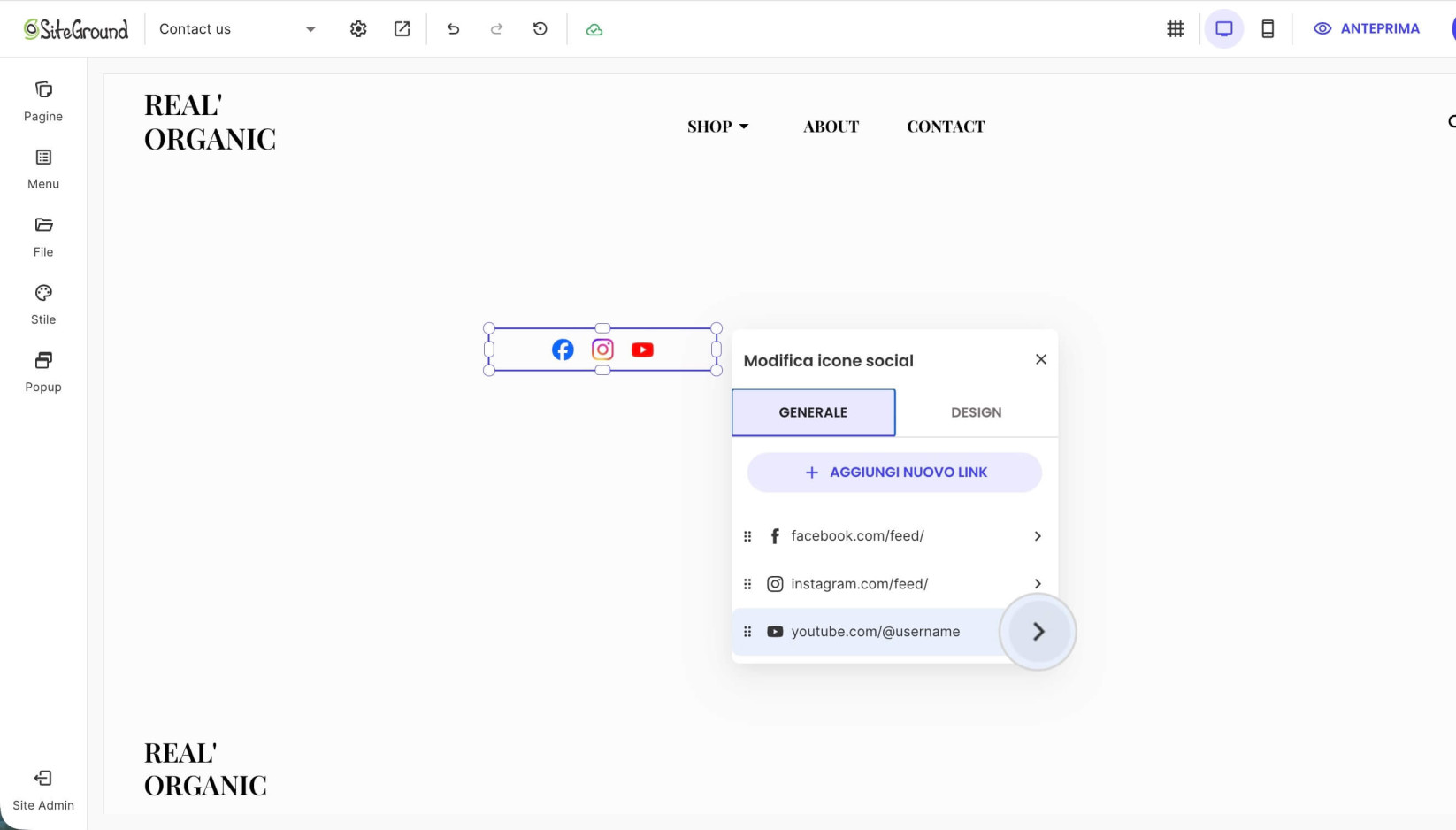 Menu di modifica di un componente Icone Social con un'evidenziazione sul pulsante a freccia accanto a un'icona che espande le opzioni di modifica