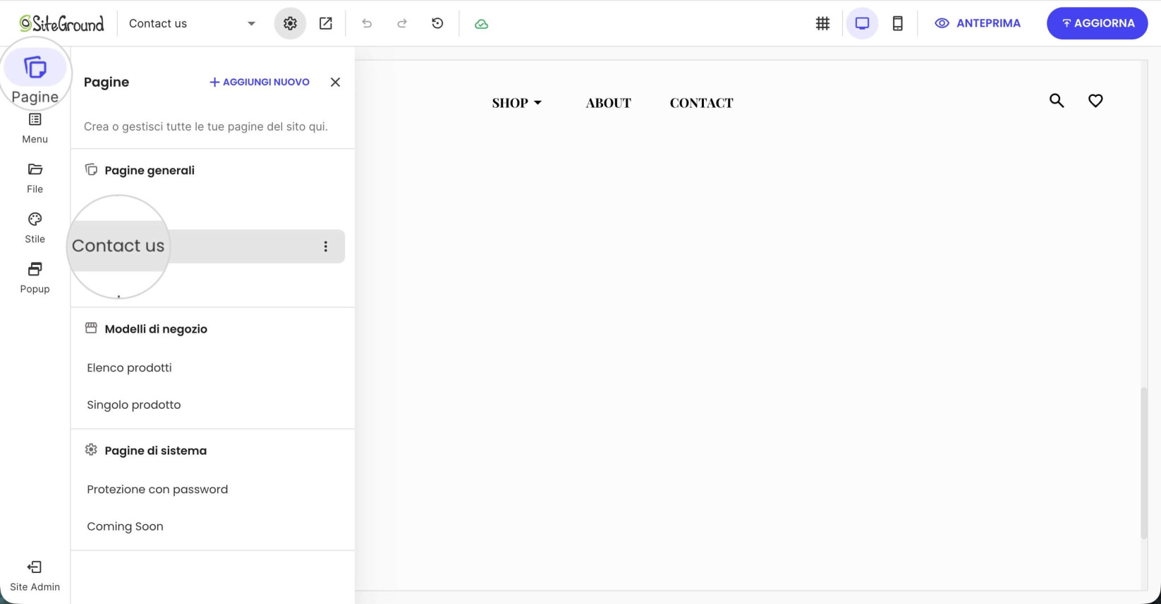 Interfaccia di Website Builder in cui la sezione Pagine è aperta e viene selezionata una pagina
